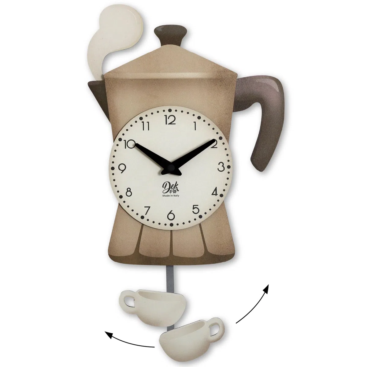 DEKORI Orologio a Pendolo da Parete Mochina – Design Tema Caffè con Tazzina e Fumo in Rilievo – 26x46 cm – Decorativo per Cucina