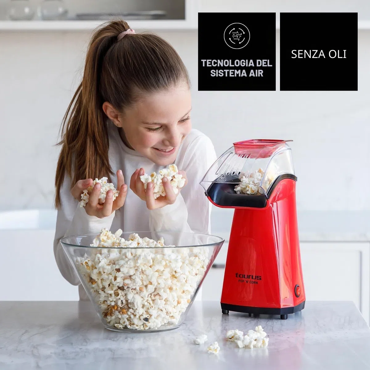 Taurus - macchina per popcorn + 1100 W | popcorn senza olio, aria calda | pronta in 3 minuti | coperchio dosatore trasparente | compatta e portatile | facile da pulire | rossa