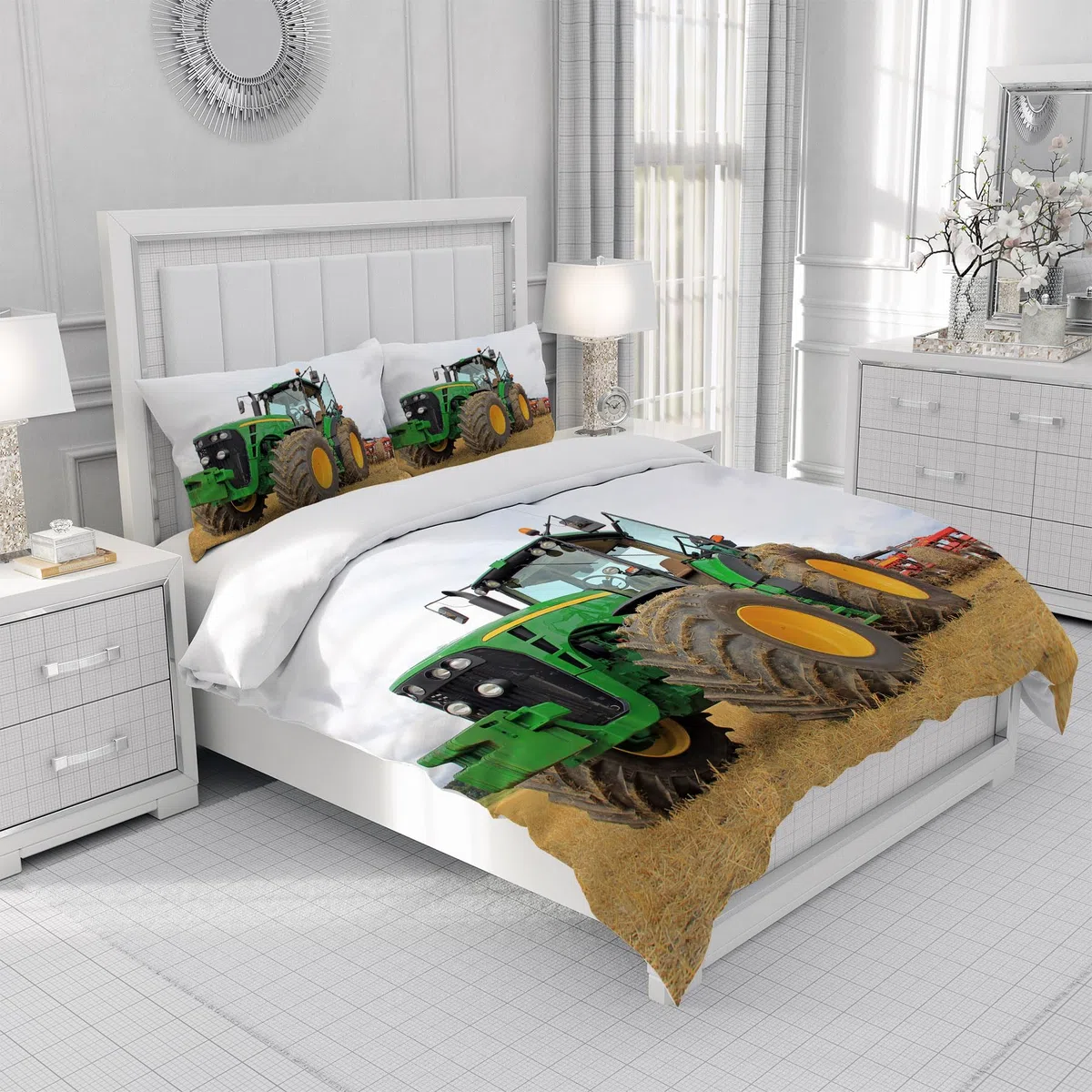 Copripiumino da Trattore 135 x 200 cm per Bambini,Microfibra,Motivo Trattore 3D,1 Copripiumino + 2 Federe 50 x 75 cm(Tractor 1)