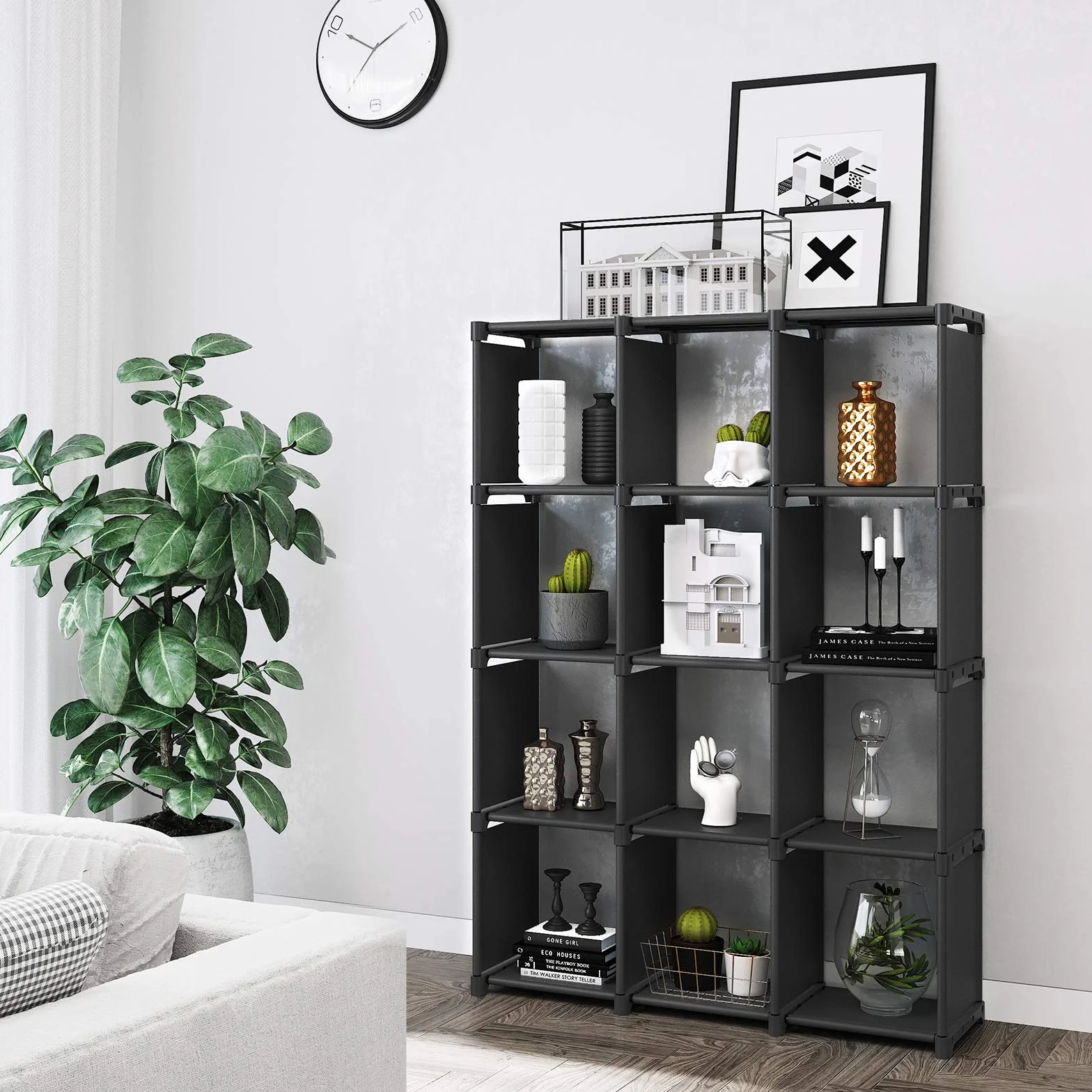 SONGMICS Armadietto Modulare a 12 Cubi, Scaffale Portaoggetti, Libreria per Decorazioni, Cornici per Foto, Organizzatore per Studio, Ufficio, Soggiorno, Nero LSN12BK