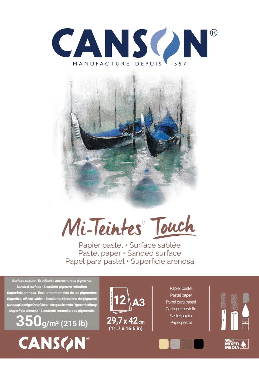 Canson Mi-Teintes touch ,blocco collato lato lungo ,A3, 12 fogli 4 colori assortiti crema,grigio,seppia,nero , 350 gm2