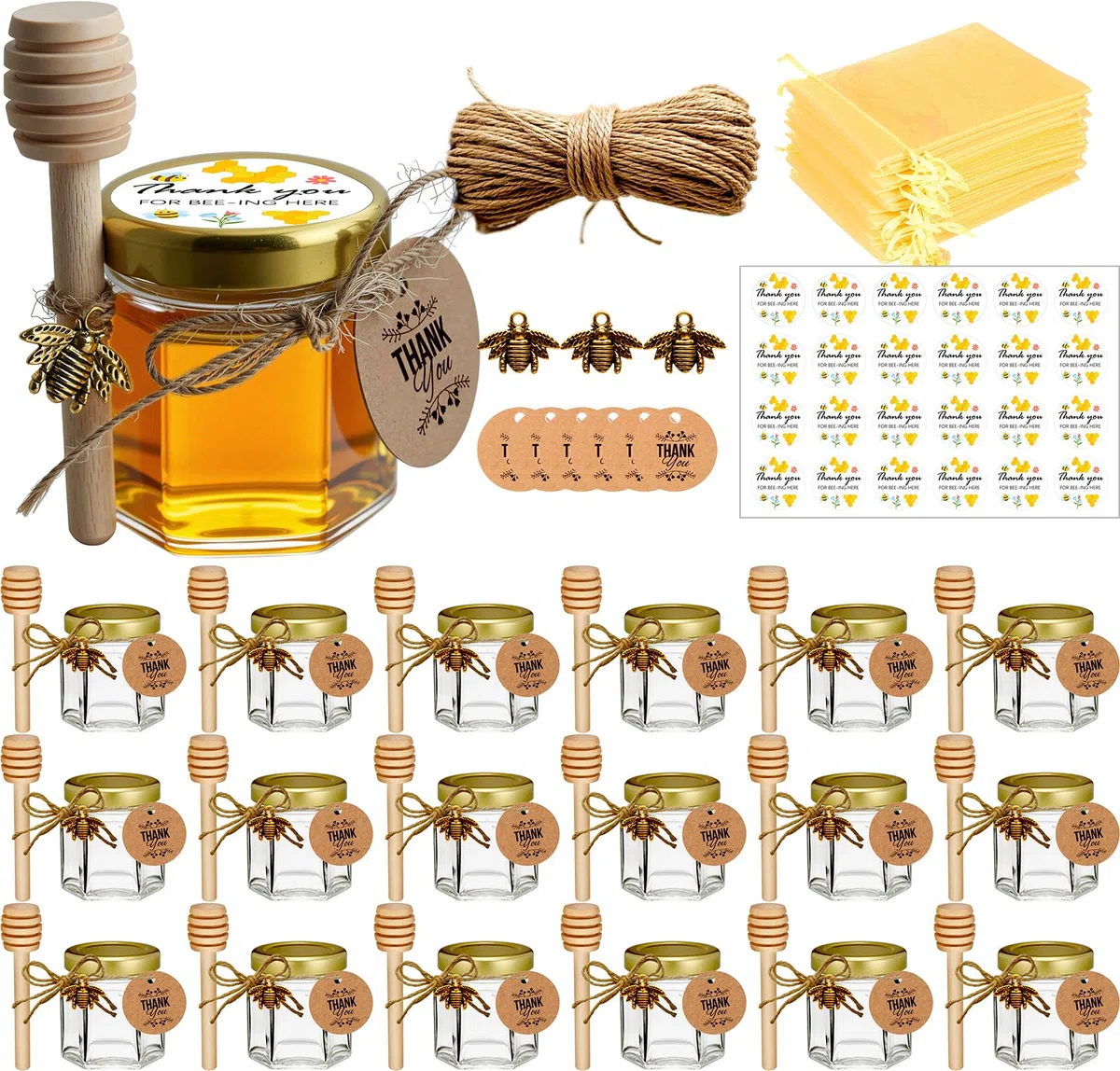 Vasetti Miele, Piccoli Barattoli Bomboniere Ber la Comunione, Contenitori per Miele Bomboniere, Barattolini Miele Sacchetti Organza per Natale Battesimo, 20 Pezzi 45ml