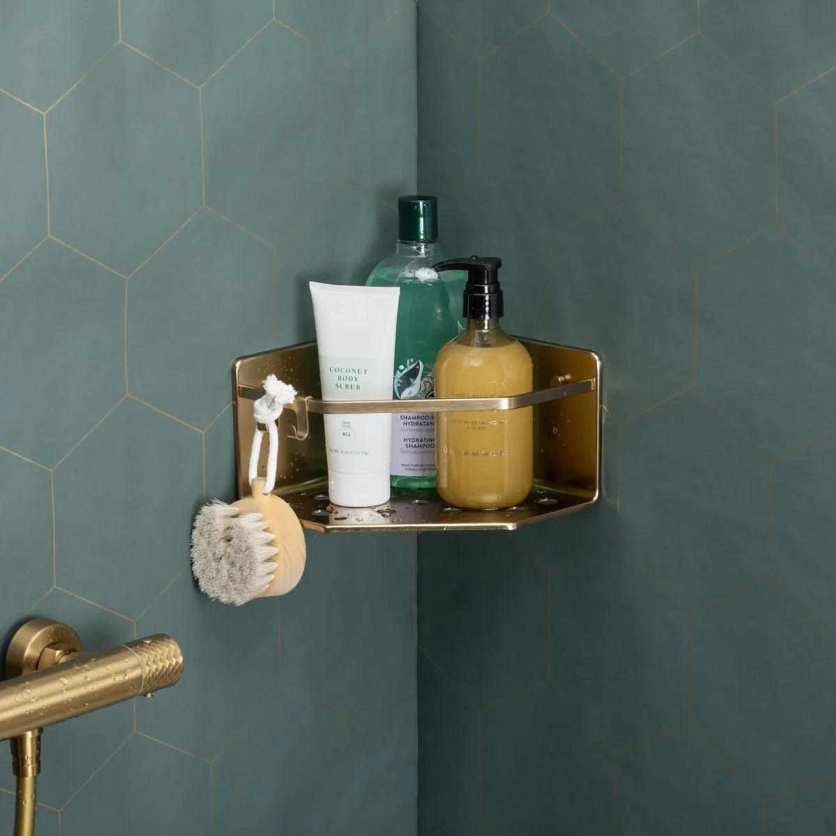 TATAY Mensola Bagno Senza Foratura Mensola Doccia Angolare in Alluminio | Include Viti e Sistema di Fissaggio Quick Fix | Resistente all’Umidità | Moderno | 20 x 12 x 20 cm – Modello Serenity – Oro