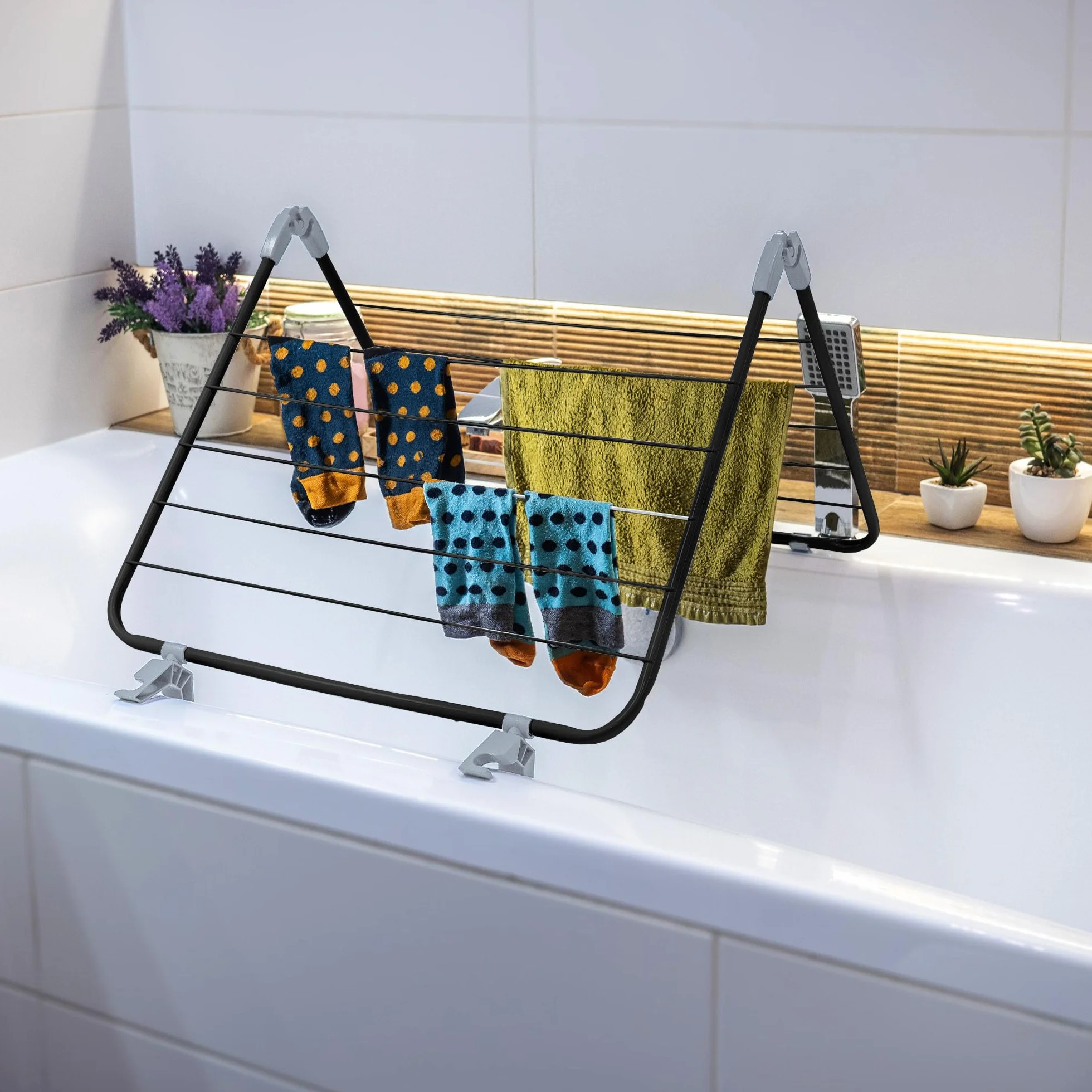 KADAX Stendibiancheria pieghevole 3in1, 18 m superficie di asciugatura, stendino con ruote, piedini antiscivolo, salvaspazio, per termosifone & vasca, interno & esterno – Nero