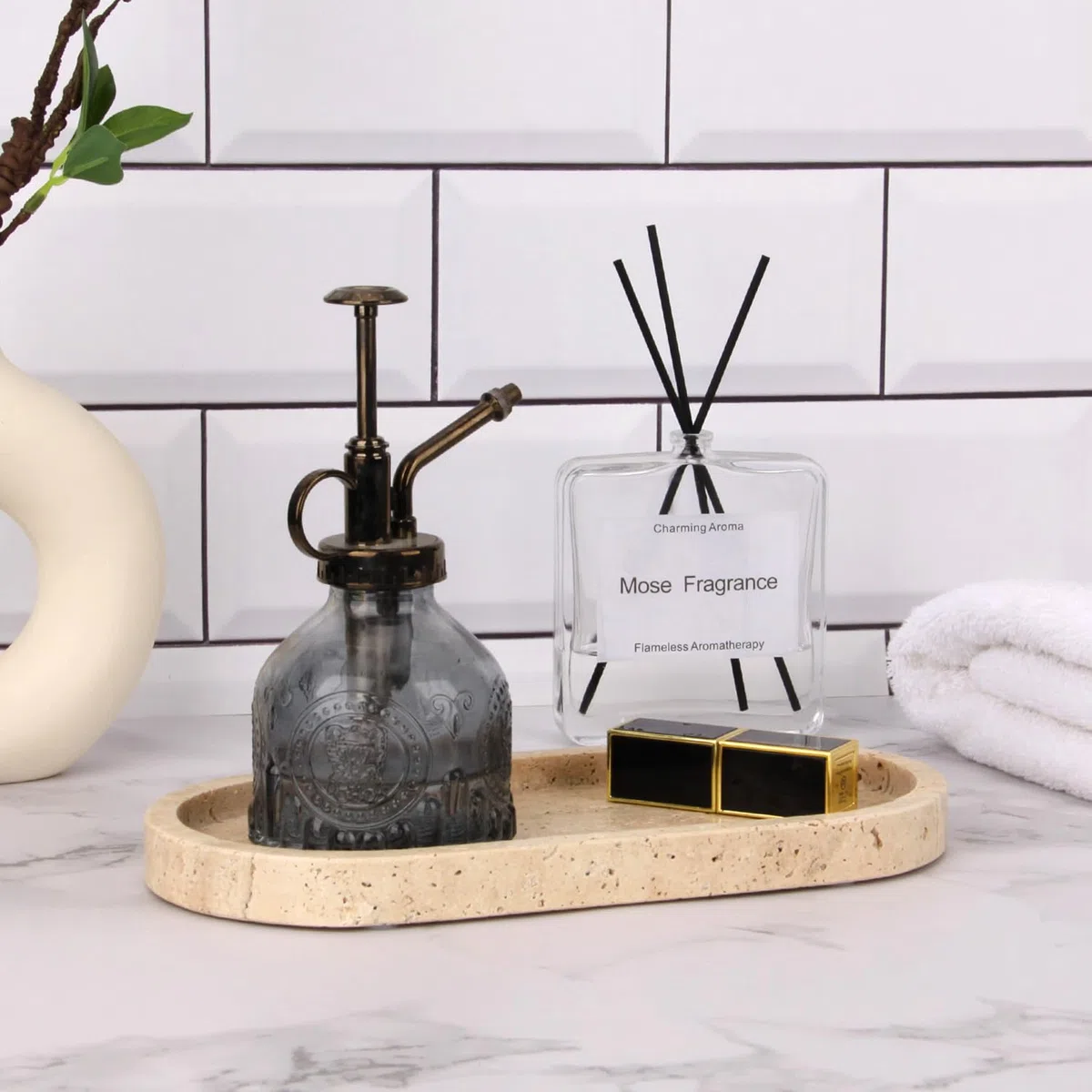Vassoio Bagno Marmo Ovale Vassoio Portaoggetti Moderno Decorazioni Svuotatasche Ingresso Organizzazione per Candele Profumi Cucina Tessuti Sapone Shampoo Cosmetici Travertino 25 x 12 cm