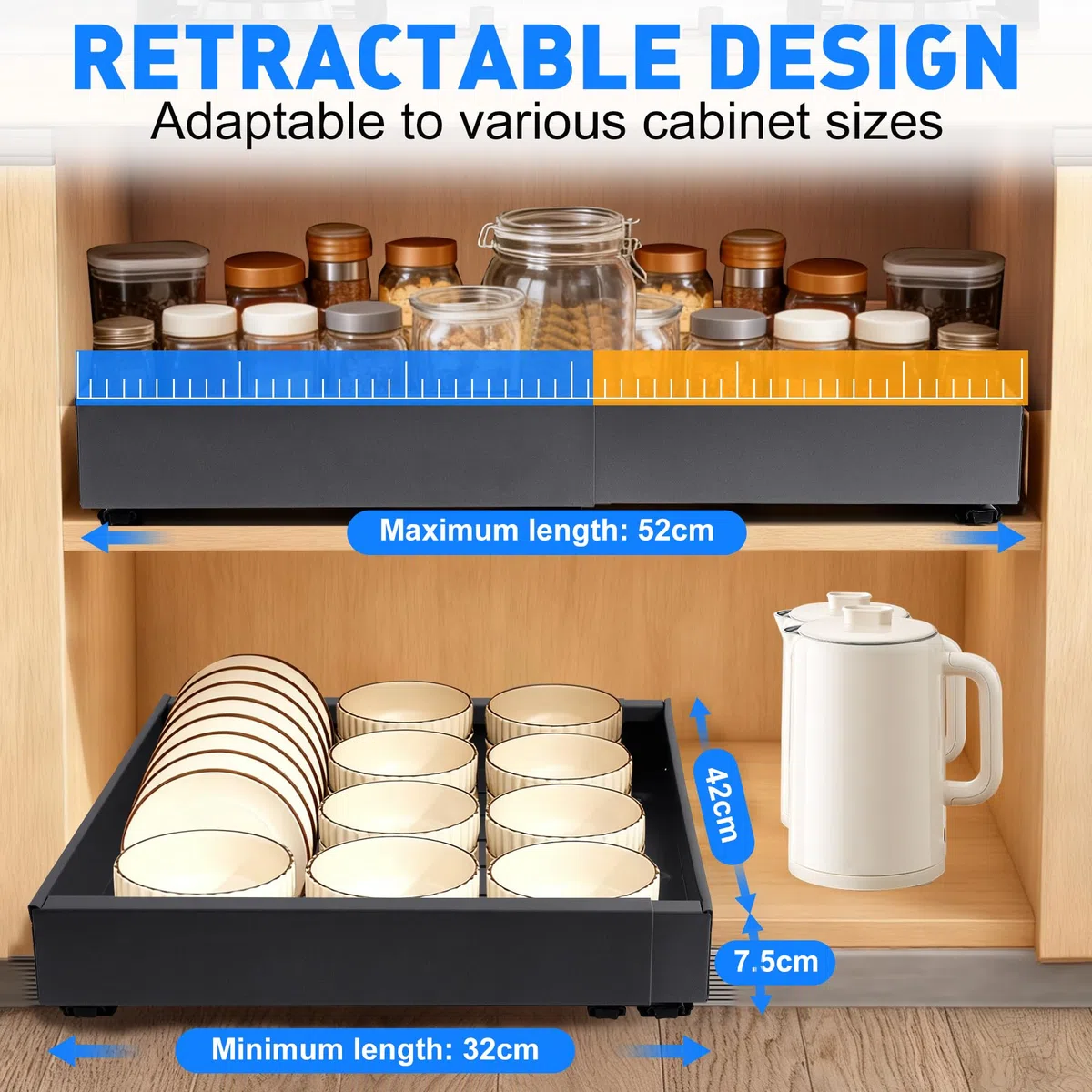 2PCS Cassetto Estraibile Cucina, Cassetti Estraibili per Cucina Cassetto Telescopico con 3 Guide Estraibili Autoadesive, larghezza Regolabile da 32 a 52 cm, Nessuna Foratura, per Cucinas, Bagno
