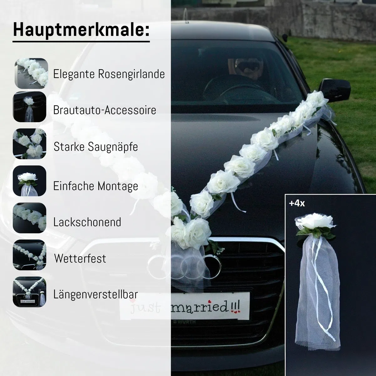 Autoschmuck - Due ghirlande di rose artificiali, decorazione per auto per matrimonio (bianco)