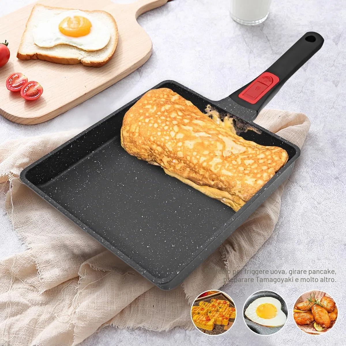 AIKENBBKK Tamagoyaki, padella grande per Omlette giapponese, antiaderente con manico rimovibile, 23 x 21 cm, resistente al forno (nero)