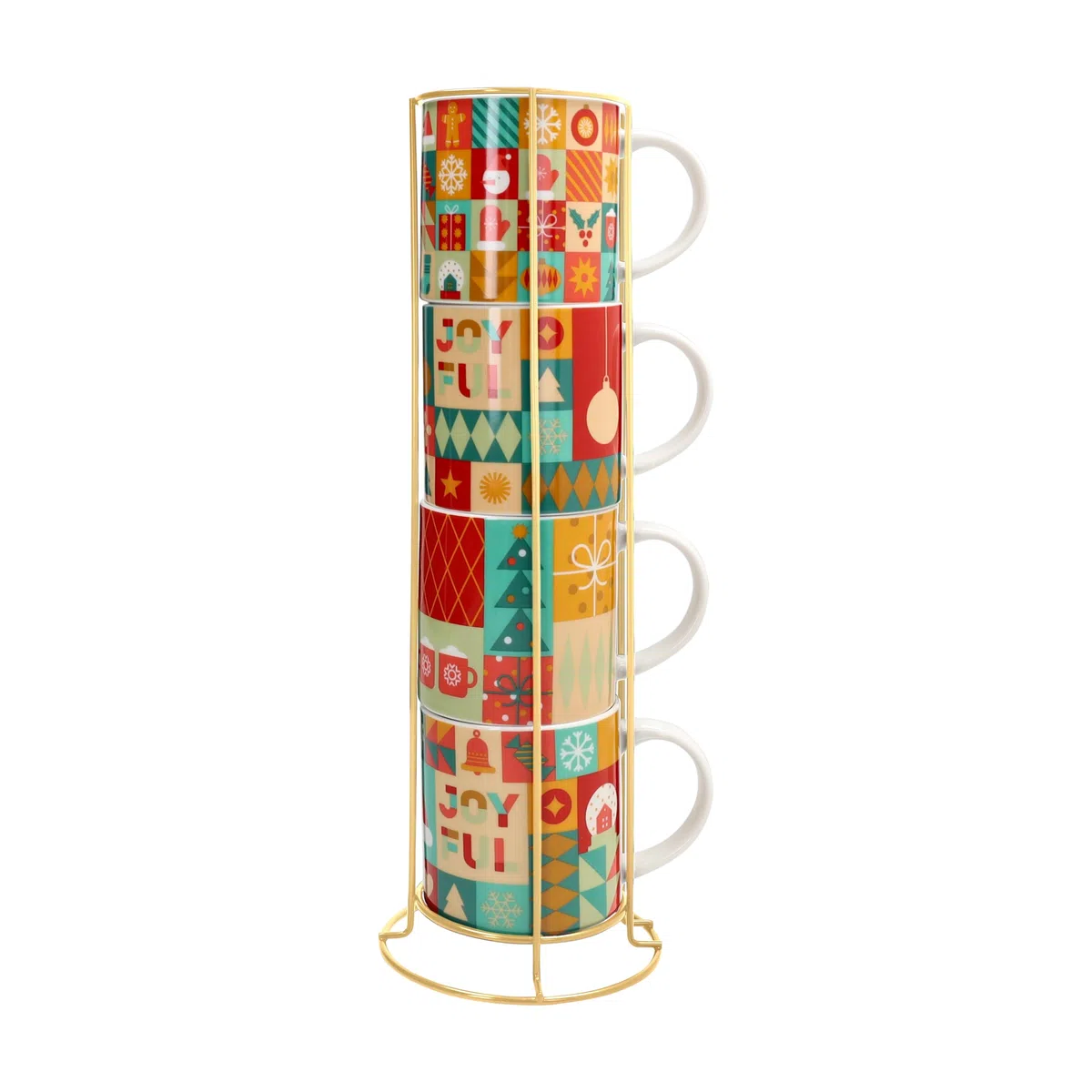 Tognana, Set 4 Mug Cc370 impilabili Con Supporto Xmas Wrap, New Bone China, Multicolor