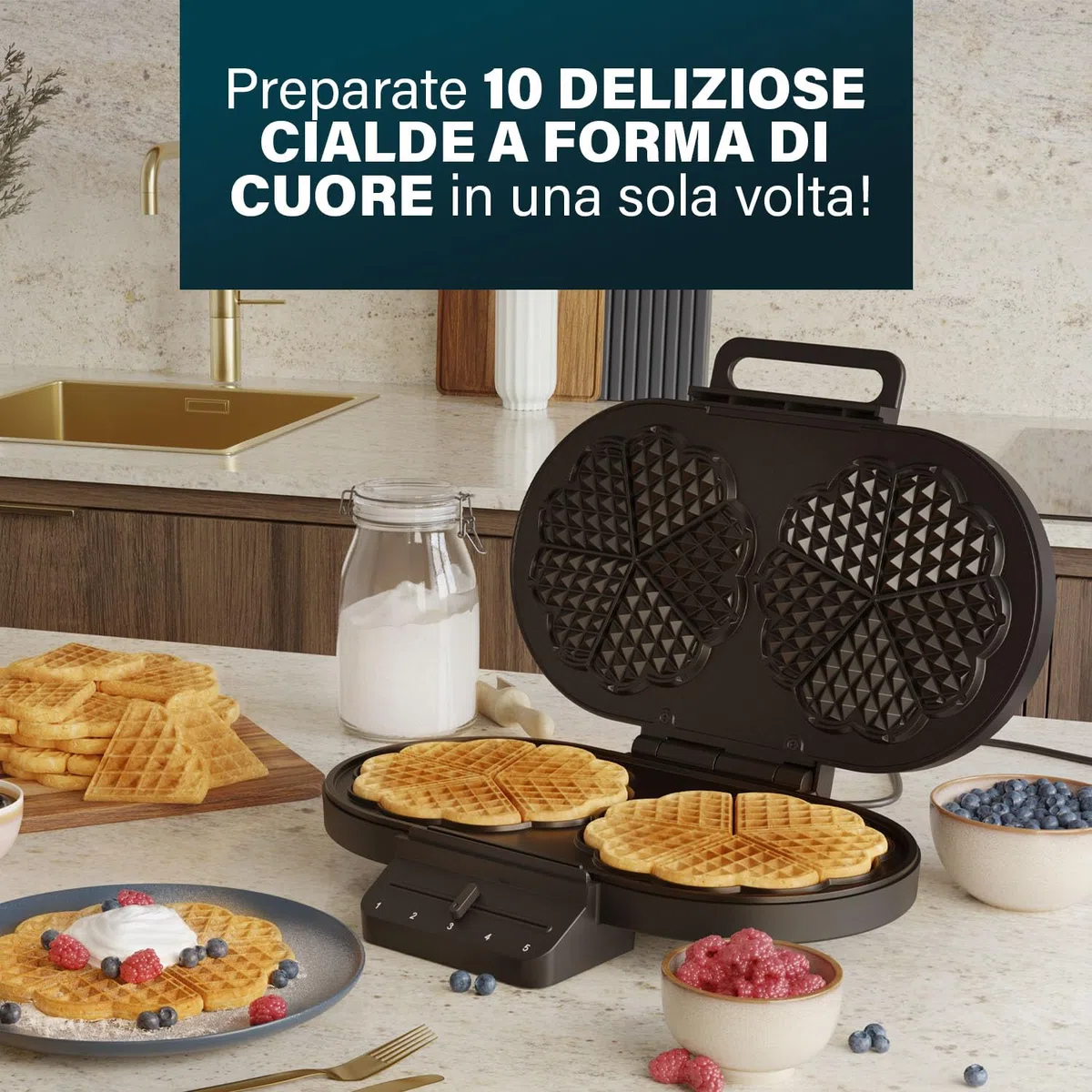 Princess Piastra per Waffle a Cuore, 10 Waffle, 1200W, Termostato Regolabile, Antiaderente, Manici Isolati, Protezione Surriscaldamento, Facile da Pulire, Conservazione Verticale, 132384