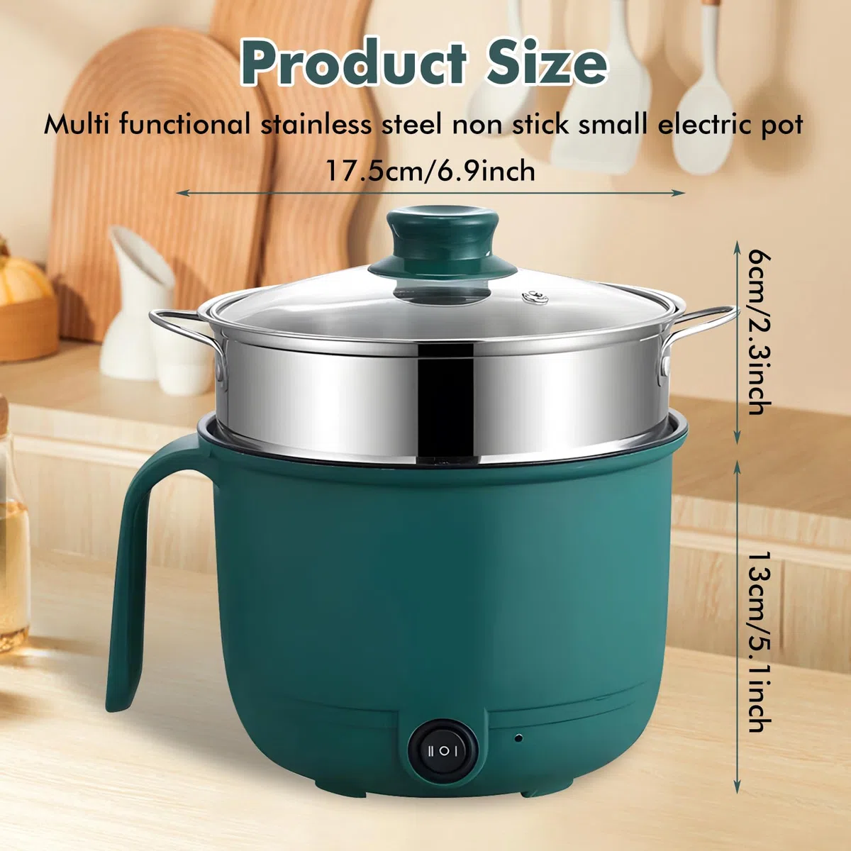 Hot Pot elettrico 1,5 l, mini forno antiaderente portatile, pentola elettrica con vapore, pentola elettrica con doppio controllo di potenza, per casa, ufficio e dormitorio (verde)