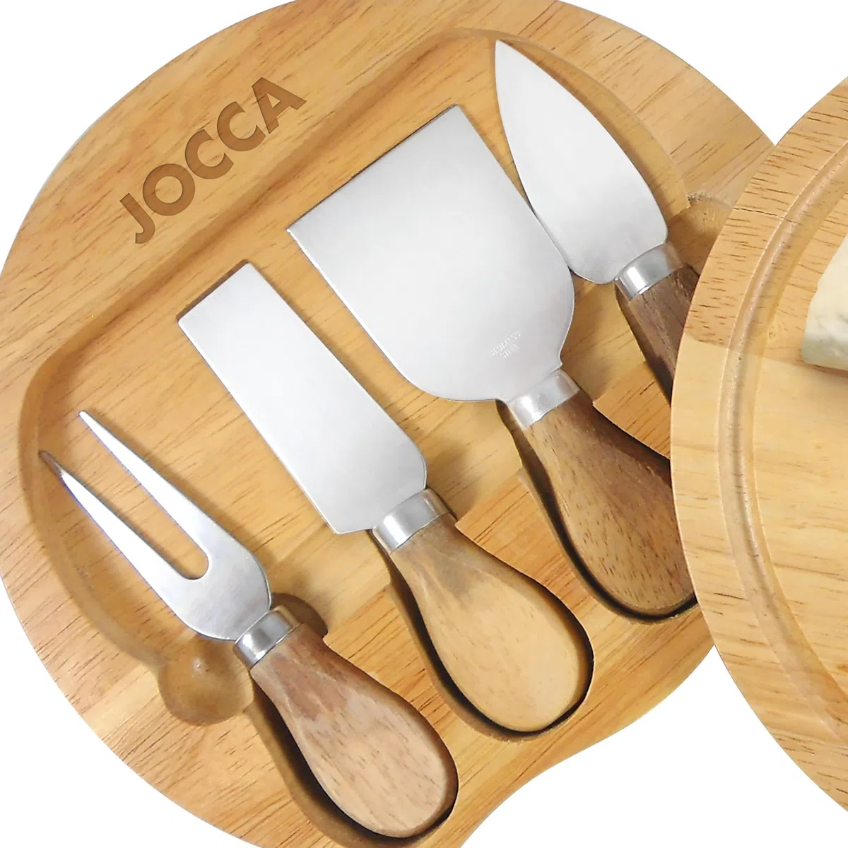 Jocca - Set Tavola Formaggi con Coltelli in Acciaio Inox | Ideale per Amanti del Formaggio | Tavola Rotonda diametro 20cm con Set di 4 Coltelli | Perfetto Regalo Originale