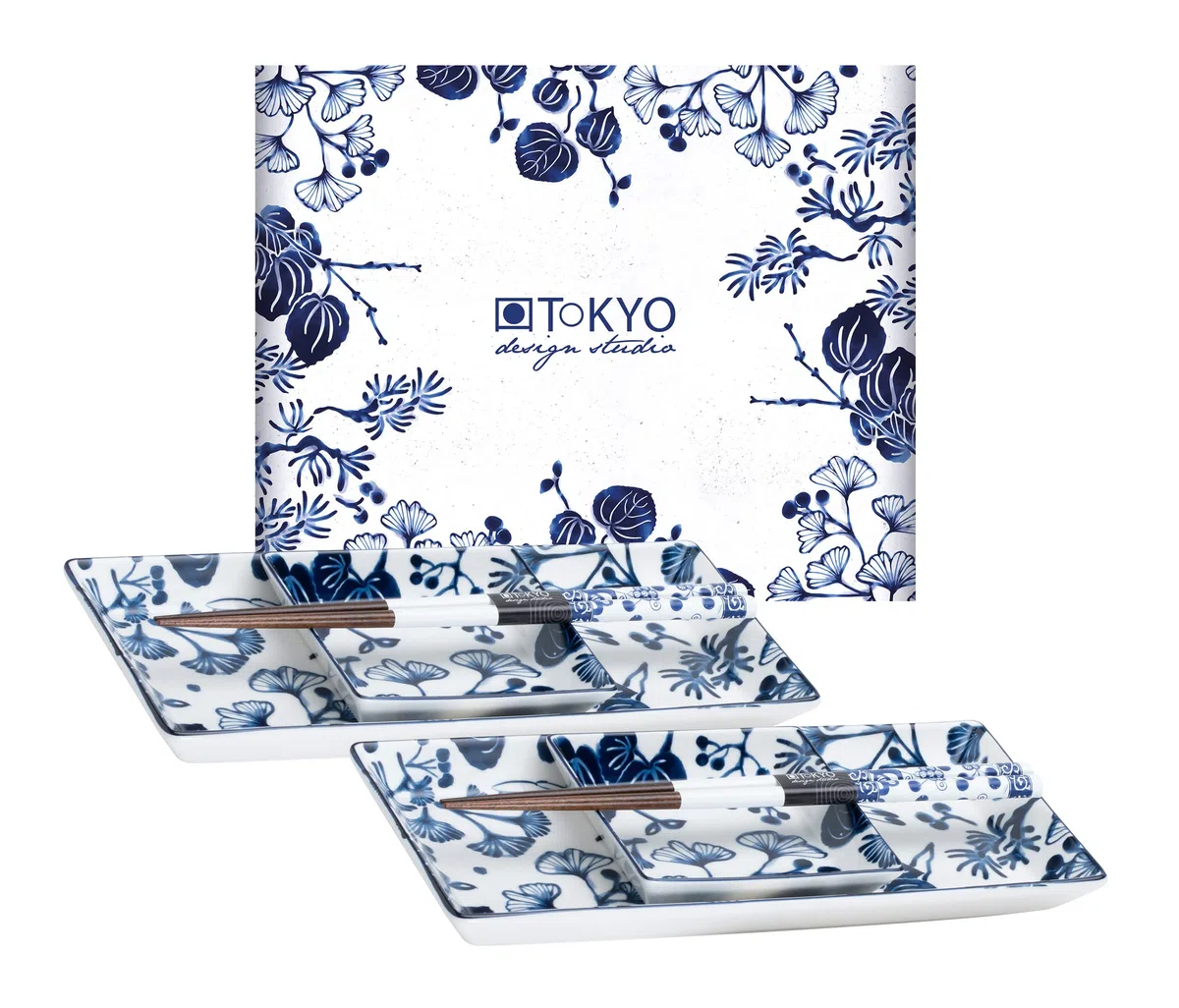 Tokyo design studio Flora Japonica - Set per sushi, 6 pezzi, 2 piatti per sushi, 2 ciotole per salsa, 2 paia di bacchette, porcellana asiatica, design giapponese, con confezione regalo