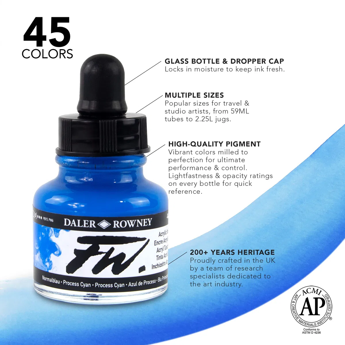 Daler Rowney FW, set di inchiostri acrilici florescenti 6 flaconi da 29,5 ml e 1 marcatore