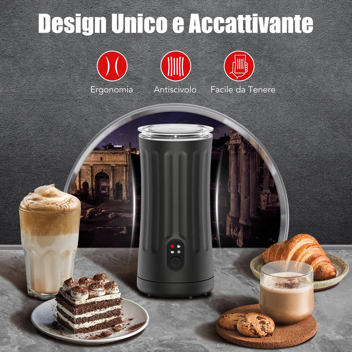 Montalatte Elettrico, Automatico 4 in 1 Cappuccinatore Elettrico, Schiuma di Latte Calda e Fredda, Montalatte Silenzioso per Caffè, Cappuccino, Macchiato, Cioccolata Calda, Nero