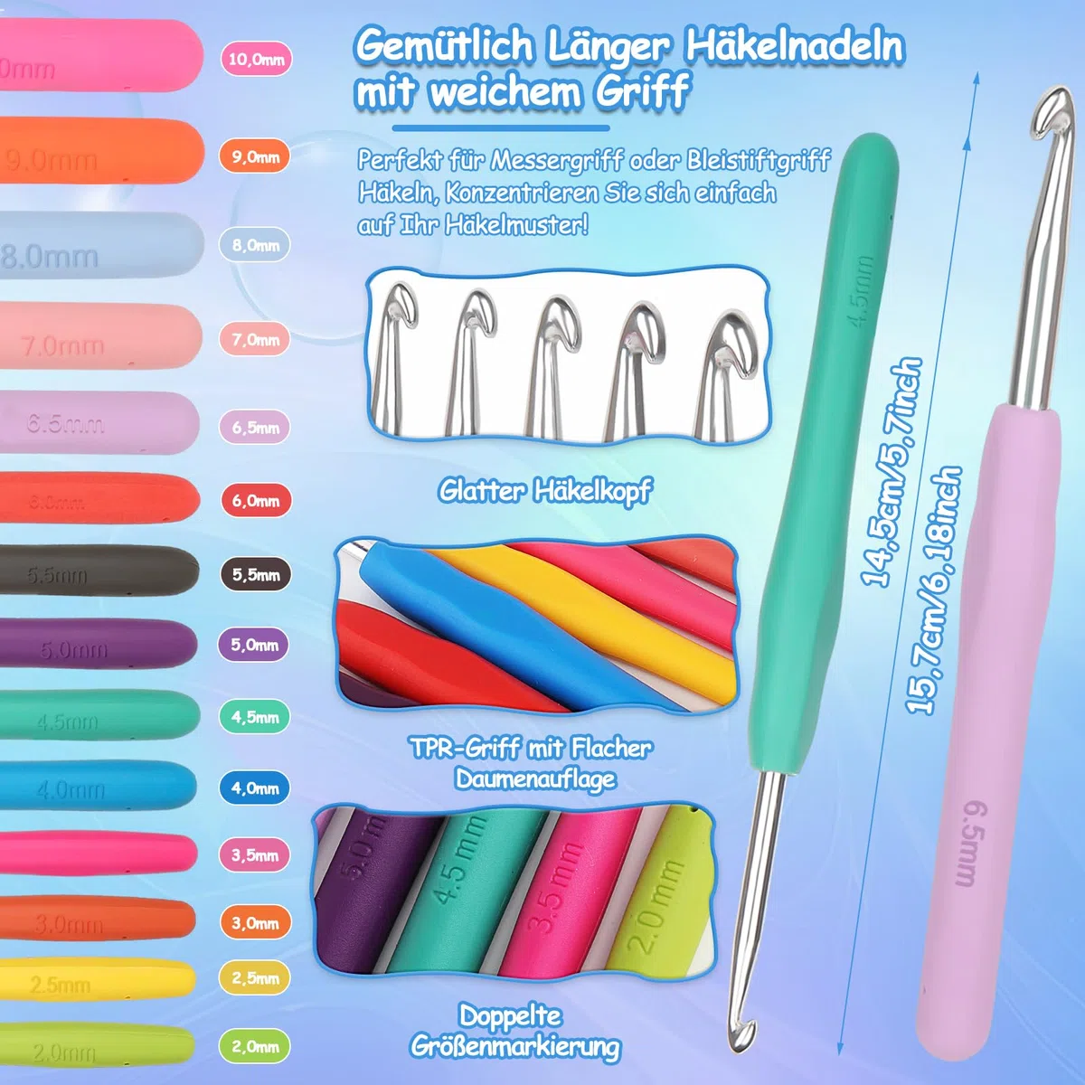 Coopay Set di 73 pezzi per principianti di uncinetto, set di uncinetti portatile con 15 lana, borsa, accessori per uncinetto, uncinetti ergonomici da 2,0-10 mm con manico lungo e morbido, pratico set