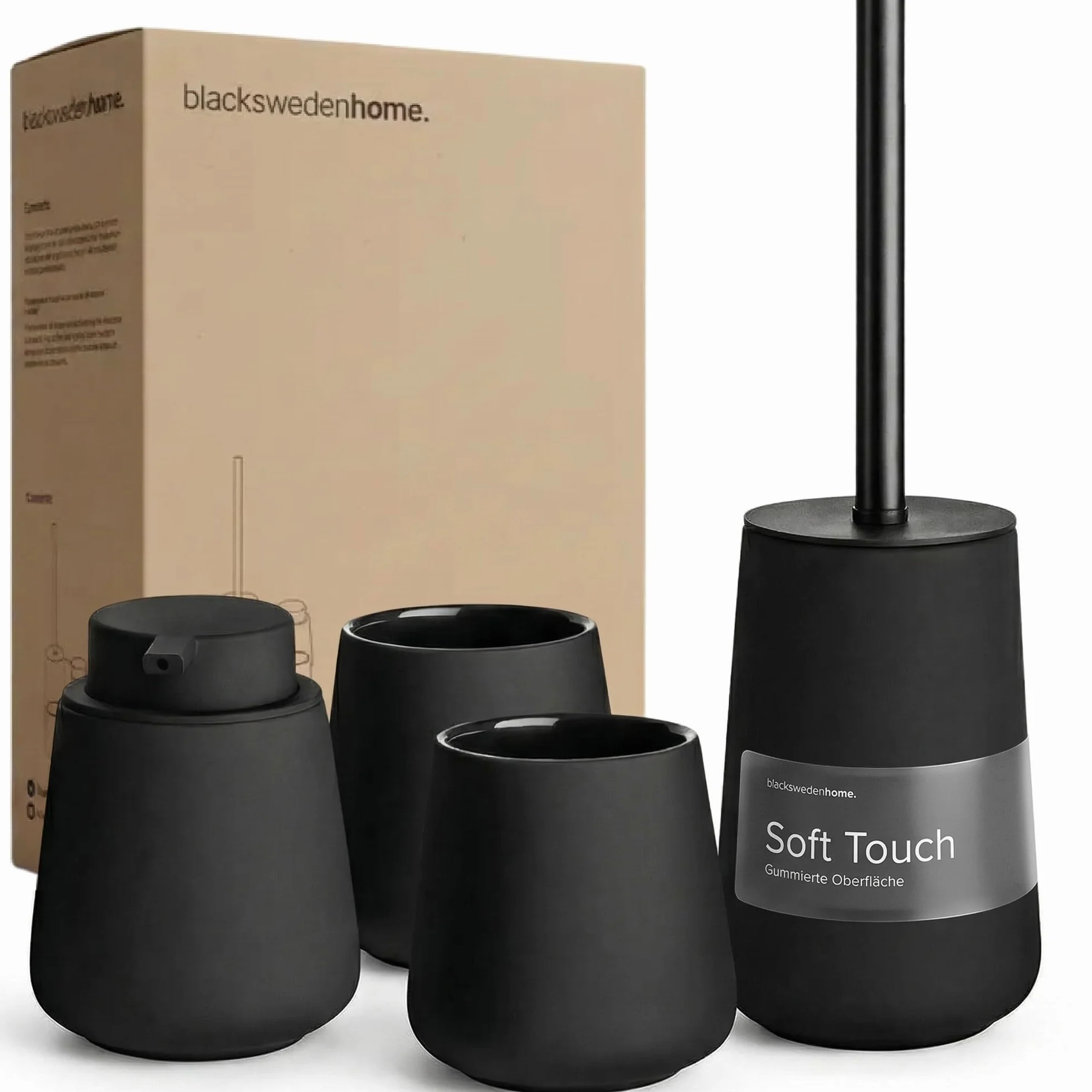 Black Sweden Home Set Bagno Accessori Completo - Ceramica di Alta Qualità - Dispenser Sapone, 2 Bicchieri, Spazzola WC Rimovibile - Design Nordico Nero Opaco con Rivestimento in Gomma - 4 pezzi