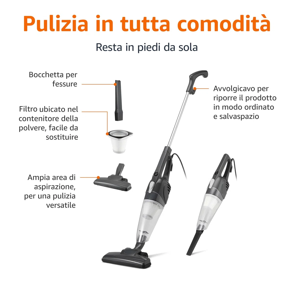 Amazon Basics Scopa Elettrica con Filo, Multifunzione 2-in-1, Motore ECO, Filtro Sostituibile, Ultra Leggera, Nero