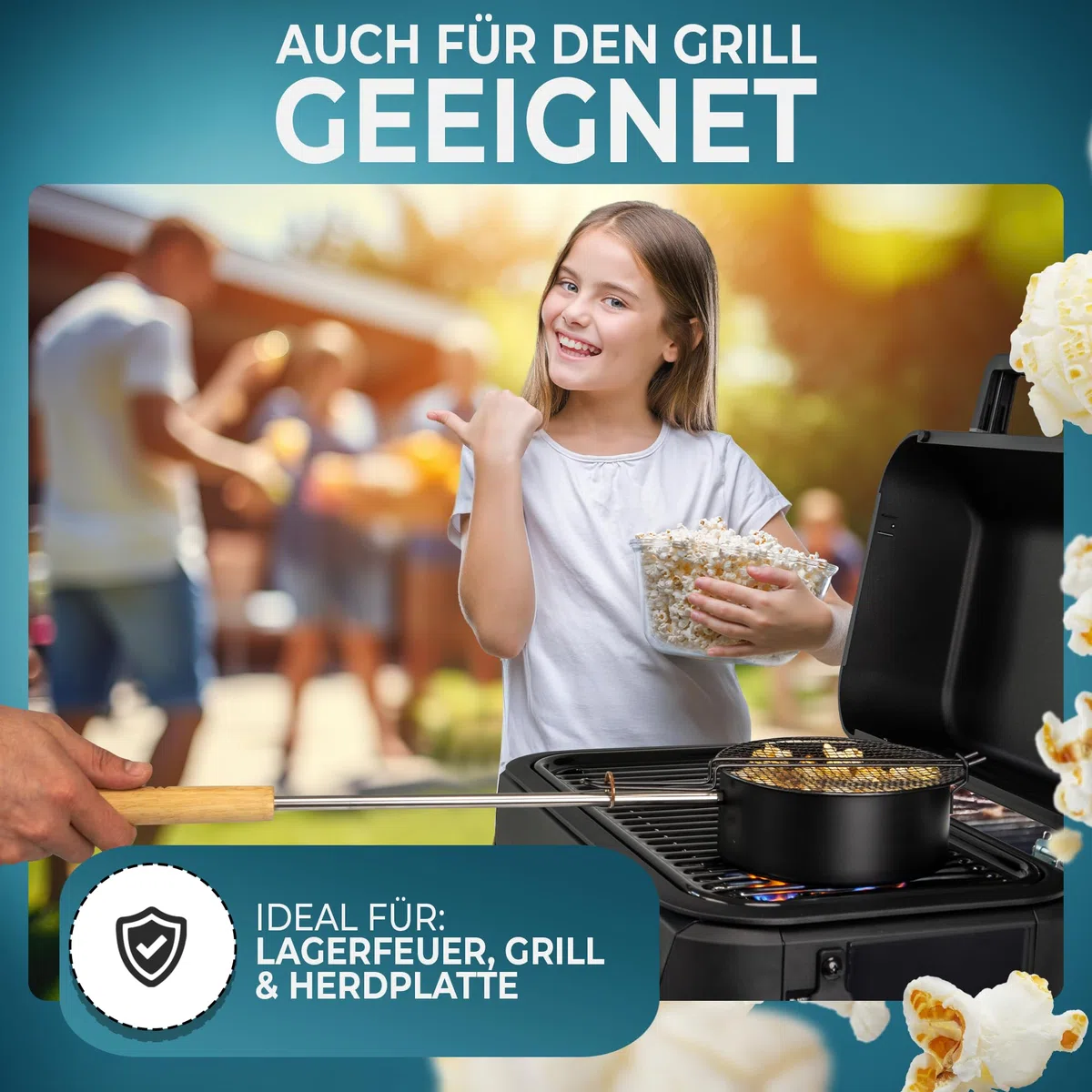 ELFENSTEIN Popcorn Maker Falò in acciaio al carbonio di alta qualità e maniglia di sicurezza, padella per popcorn all'aperto per falò, barbecue e braciere, accessori da giardino e campeggio per