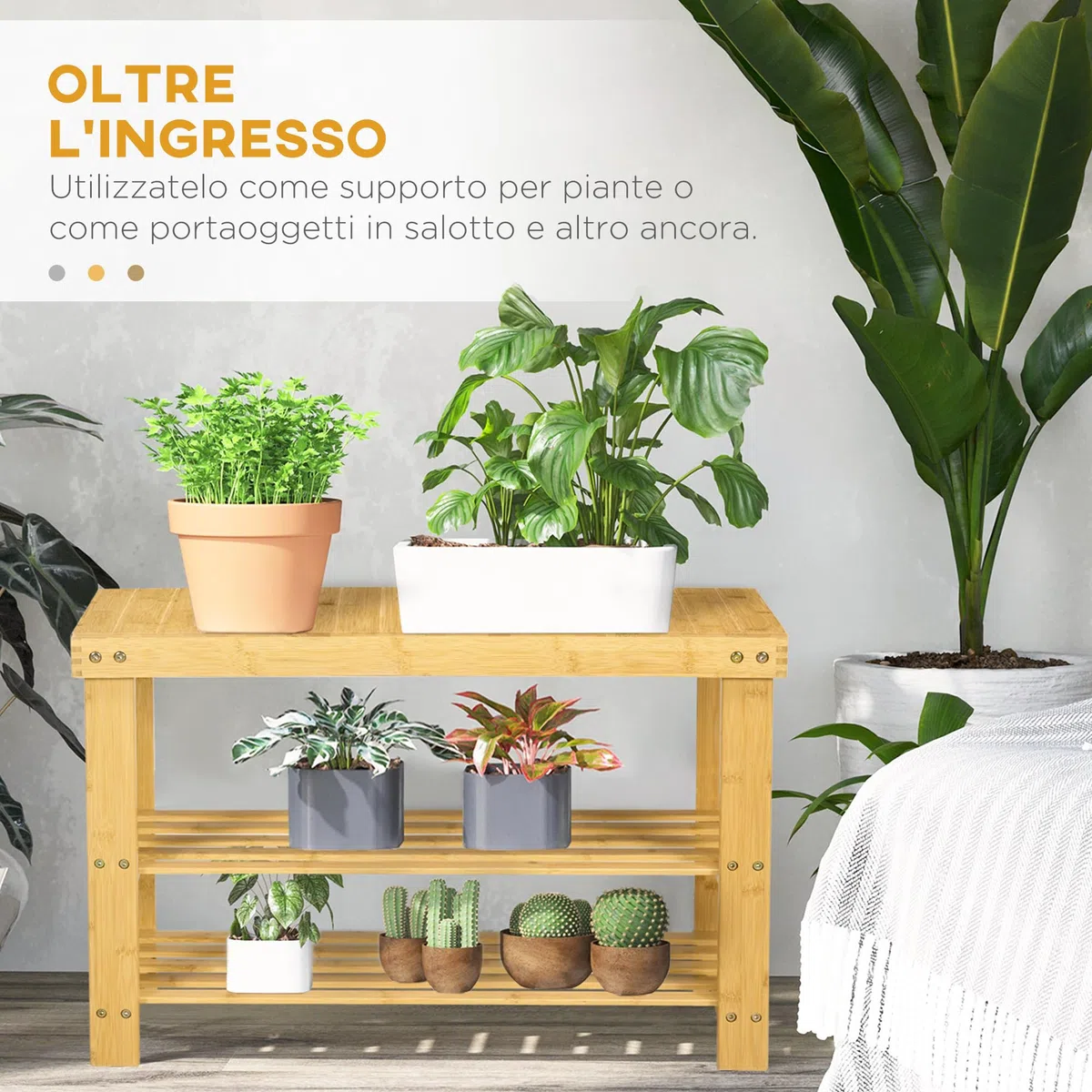 HOMCOM Panca Scarpiera da Ingresso a 3 Livelli in Bambù, Scarpiera con Seduta per 6 Paia di Scarpe, Scaffale per Scarpe a Doghe, Portaoggetti, per Ingresso, Soggiorno, Corridoio, 70x28x45 cm, Naturale