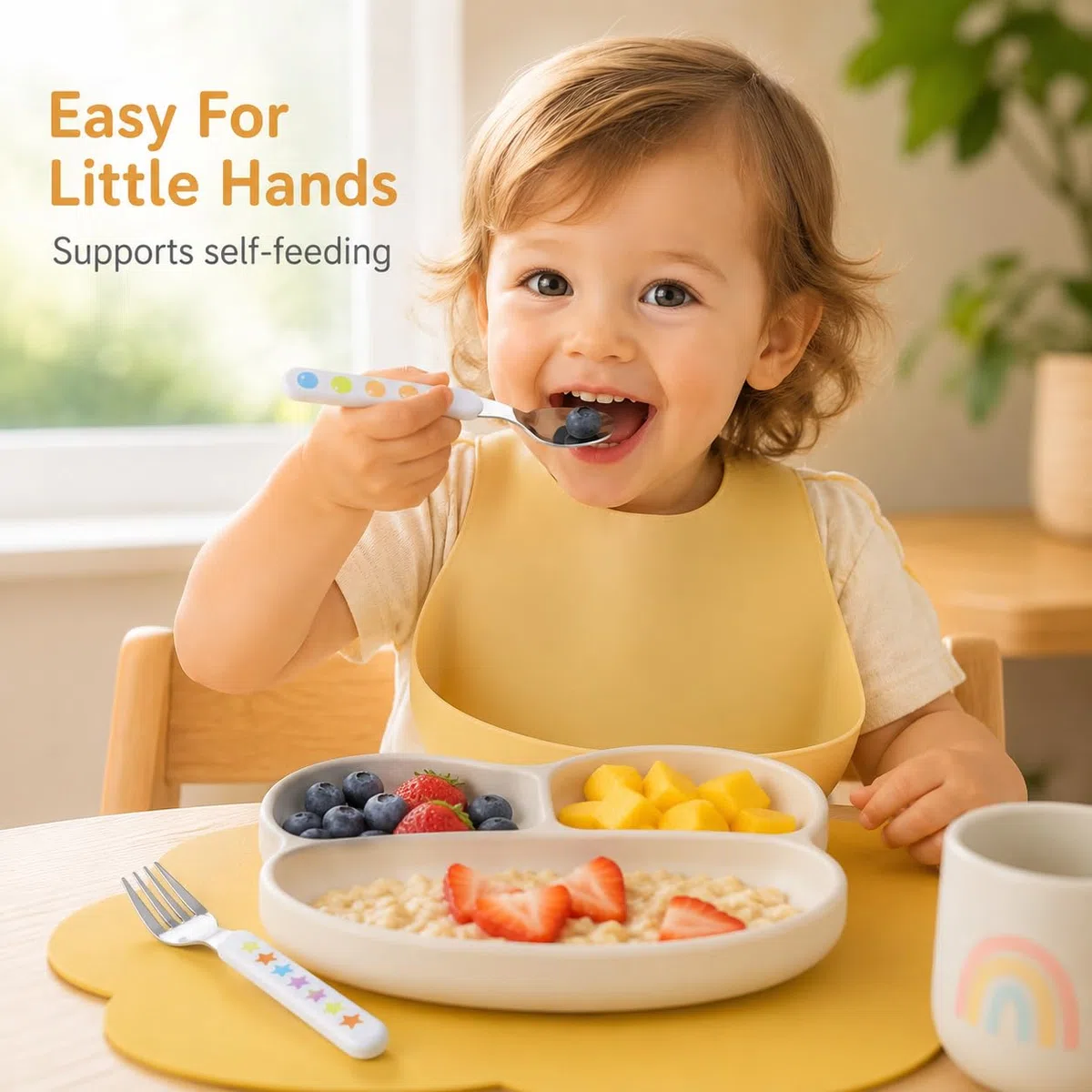 Exzact Posate per Bambini 6 Pezzi in Acciaio Inossidabile 18/10-3 x forchette, 3 x cucchiai da tavola - Manico in plastica, Utensili per Bambini Senza BPA - Stelle e Punti