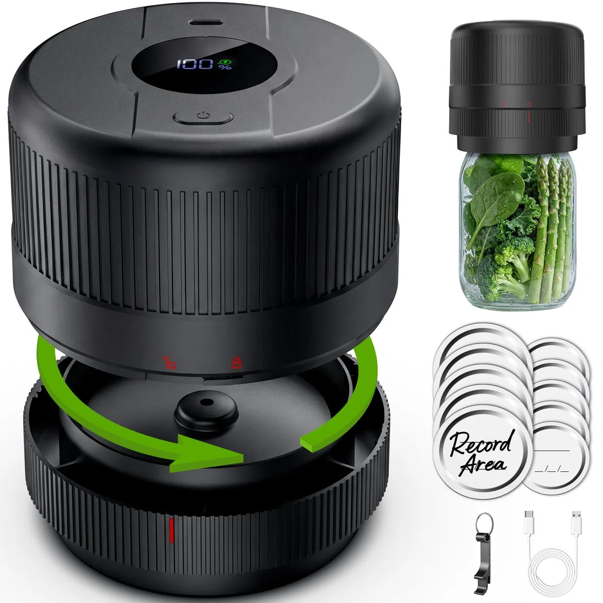 Elctrtici Mason Jar Vacuum Sealer, Macchina Sottovuoto per Barattoli Vetro, Kit Sigillatore Sottovuoto Elettrico per Barattoli da Muratore, Conservazione e Fermentazione degli Alimenti