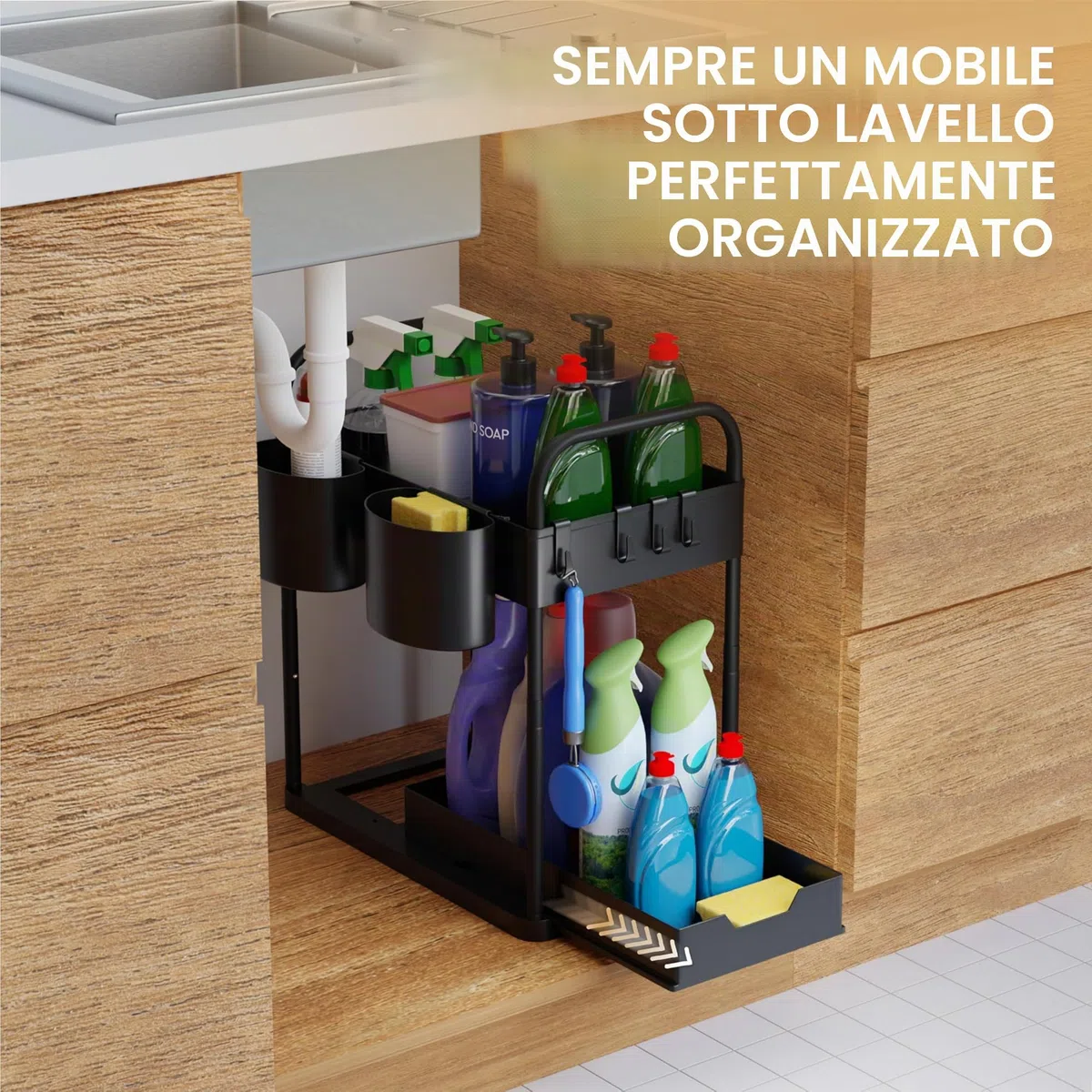 HELDENWERK Scaffale sotto lavandino per mobile sottolavello regolabile in altezza con 2 ripiani in nero I Organizer cucina mobile sotto portaspezie I Organizer mobile sottolavandino
