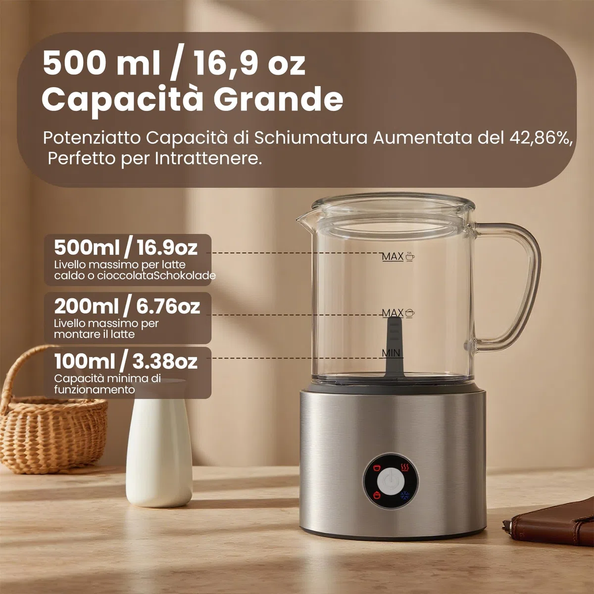 Montalatte Elettrico 4 in 1, Montalatte Induzione 500ML Freddo e Caldo con Vetro Visibile Graduazione, Automatici, Silenziosa, Lavastoviglie per Cappuccino, Caffè, Latte