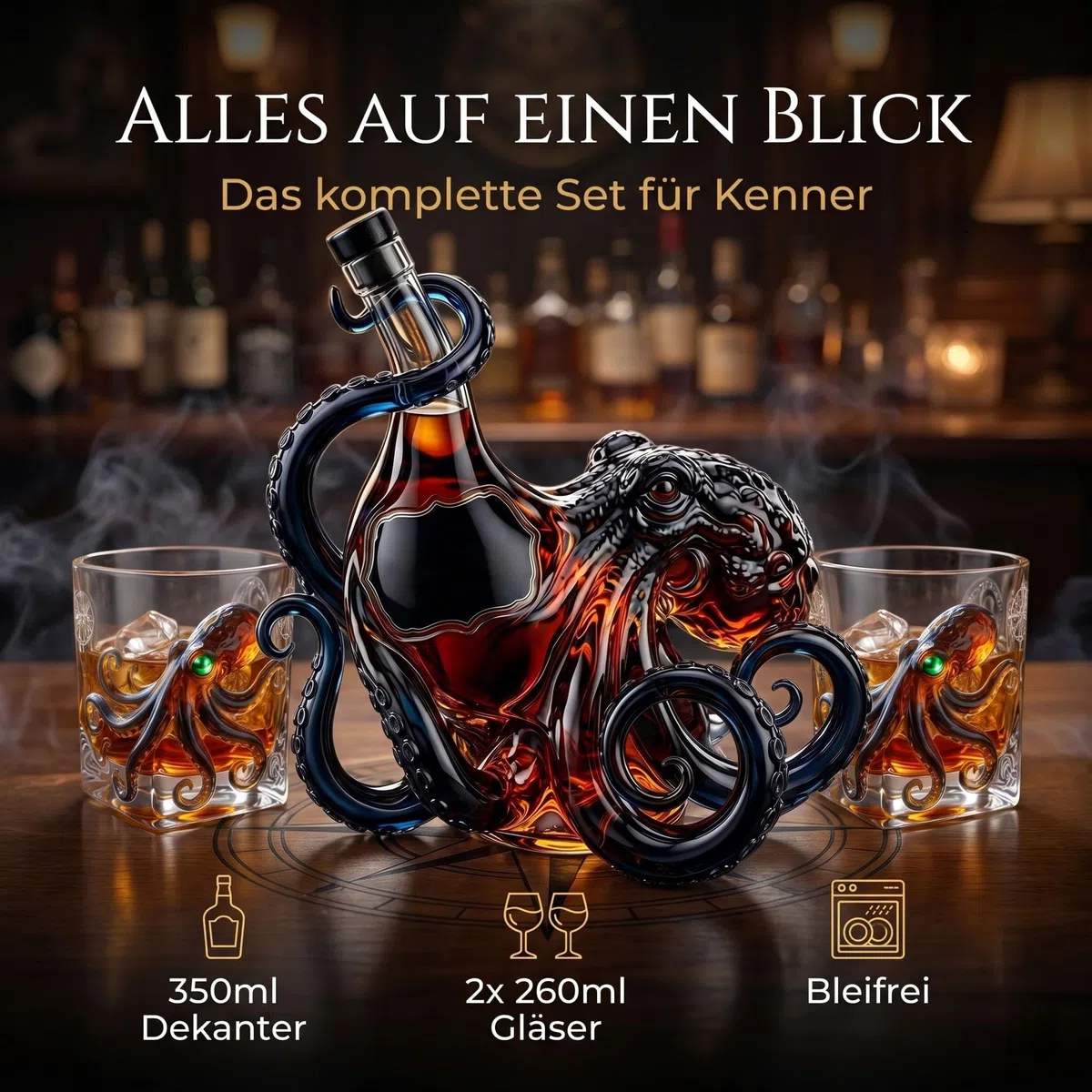 Set Whisky Polpo 3D | Decanter con 2 Bicchieri, Caraffa per Whisky Rum Bourbon Cocktail, Idea Regalo Originale per Uomini e Appassionati di Bar