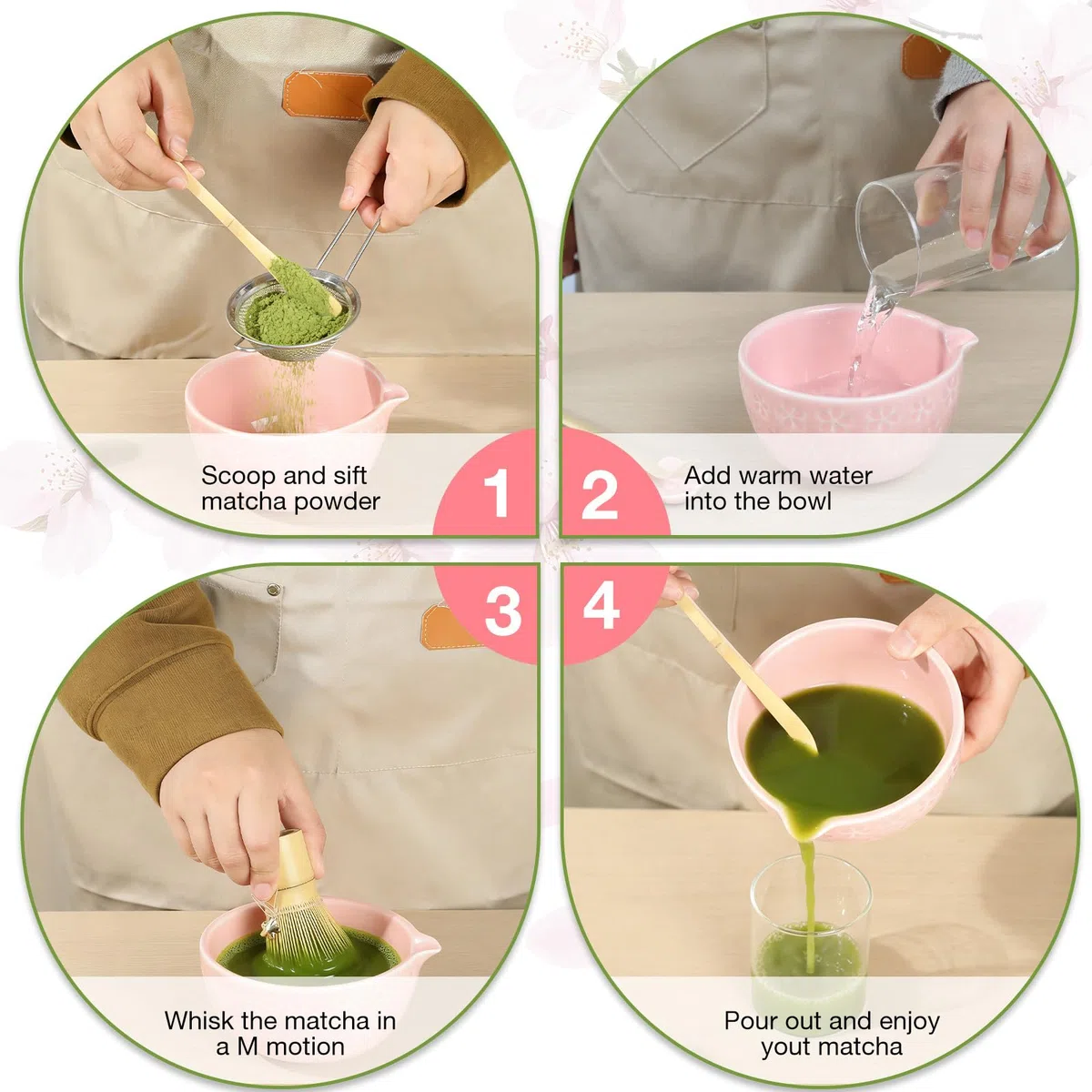 VINATO Matcha Set 7 Pezzi Kit Accessori Cerimonia del Tè, Matcha Polvere Kit con Ciotola Chawan in Ceramica con Beccuccio, Frusta in Bambù, Canovaccio per Gli Amanti Della Cerimonia del Tè, Rosa