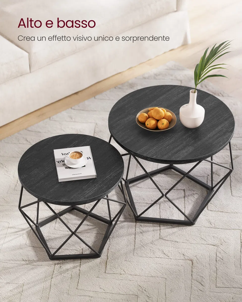 VASAGLE Tavolino da CaffèRotondo, Set di 2 Tavolini ad Incastro, Stile Moderno, Piano Rimovibile, Struttura in Acciaio, Adatto per Soggiorno, Nero LET040B22