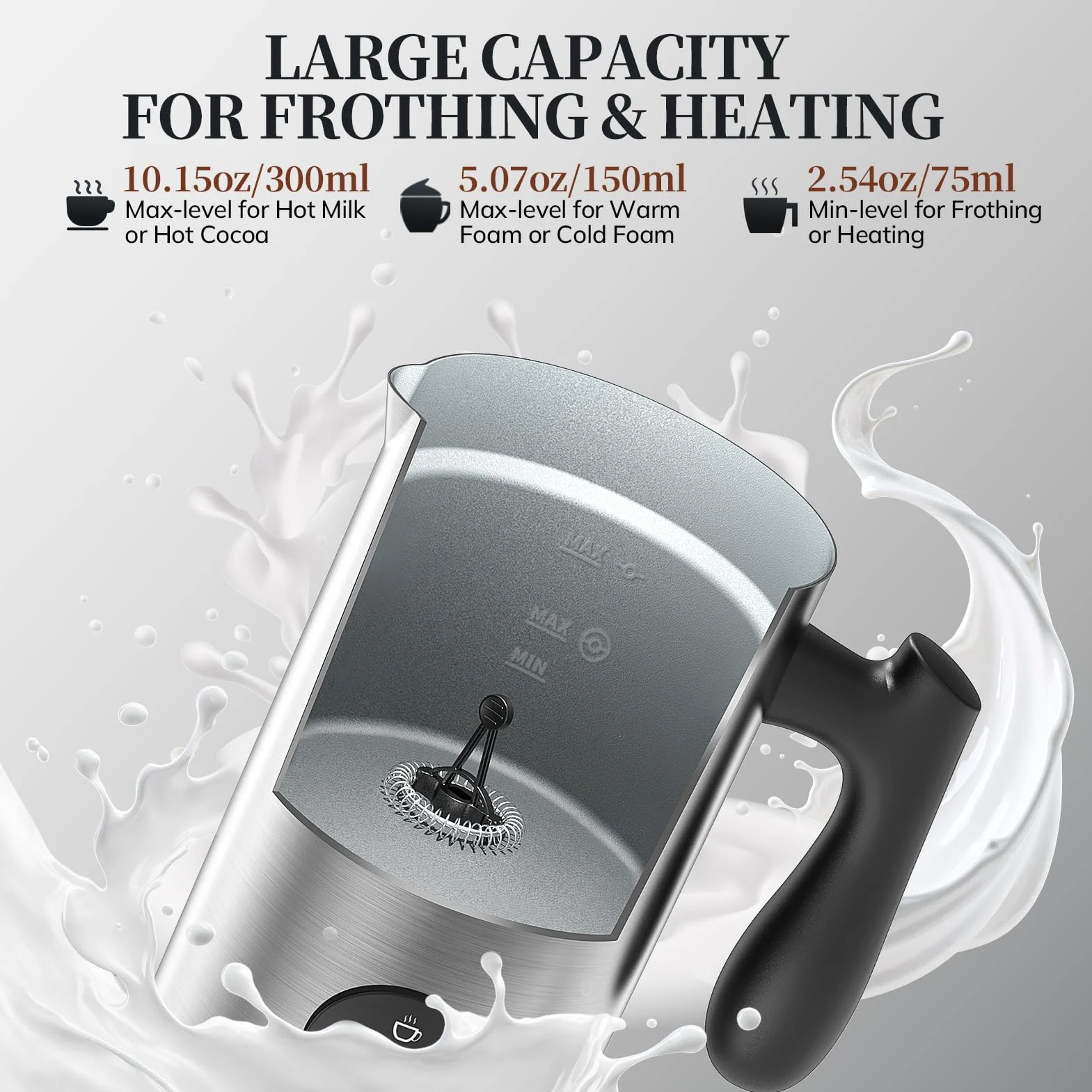Morpilot Montalate Elettrico, Milk Frother per Cappuccino e Hot Cocoa, Cappuccinatore Elettrico, Capacità 300ml, Acciaio Inossidabile di Alta Qualità