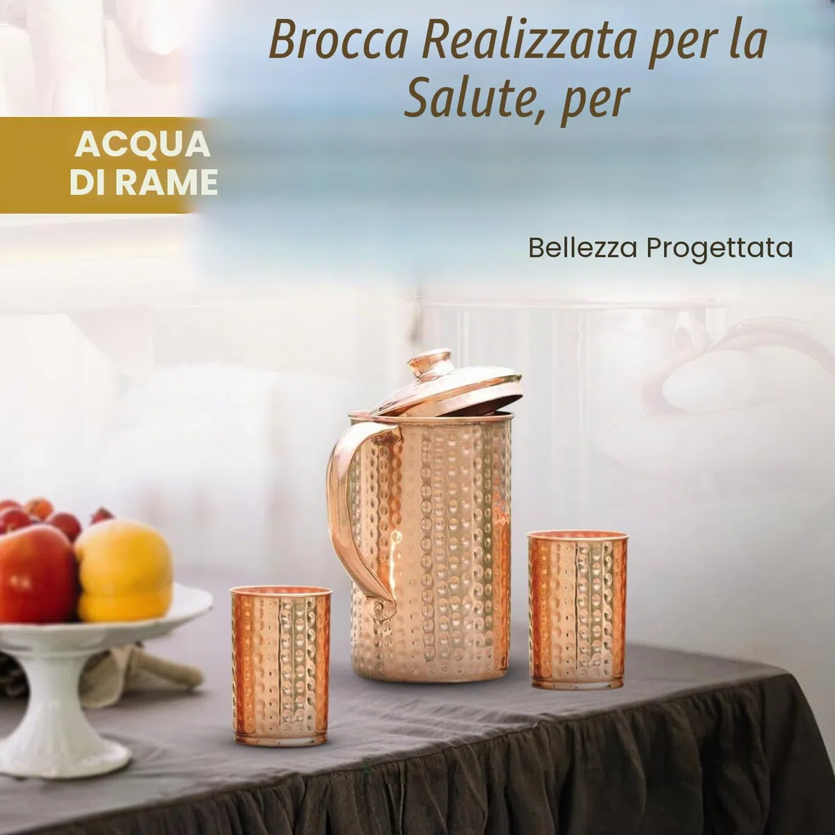 Brocca in rame puro al 100% da 1500 ml con 2 bicchieri, brocca martellata per acqua potabile con bicchieri, set di brocca in rame con coperchio e tazze, borraccia con manico, benefici per