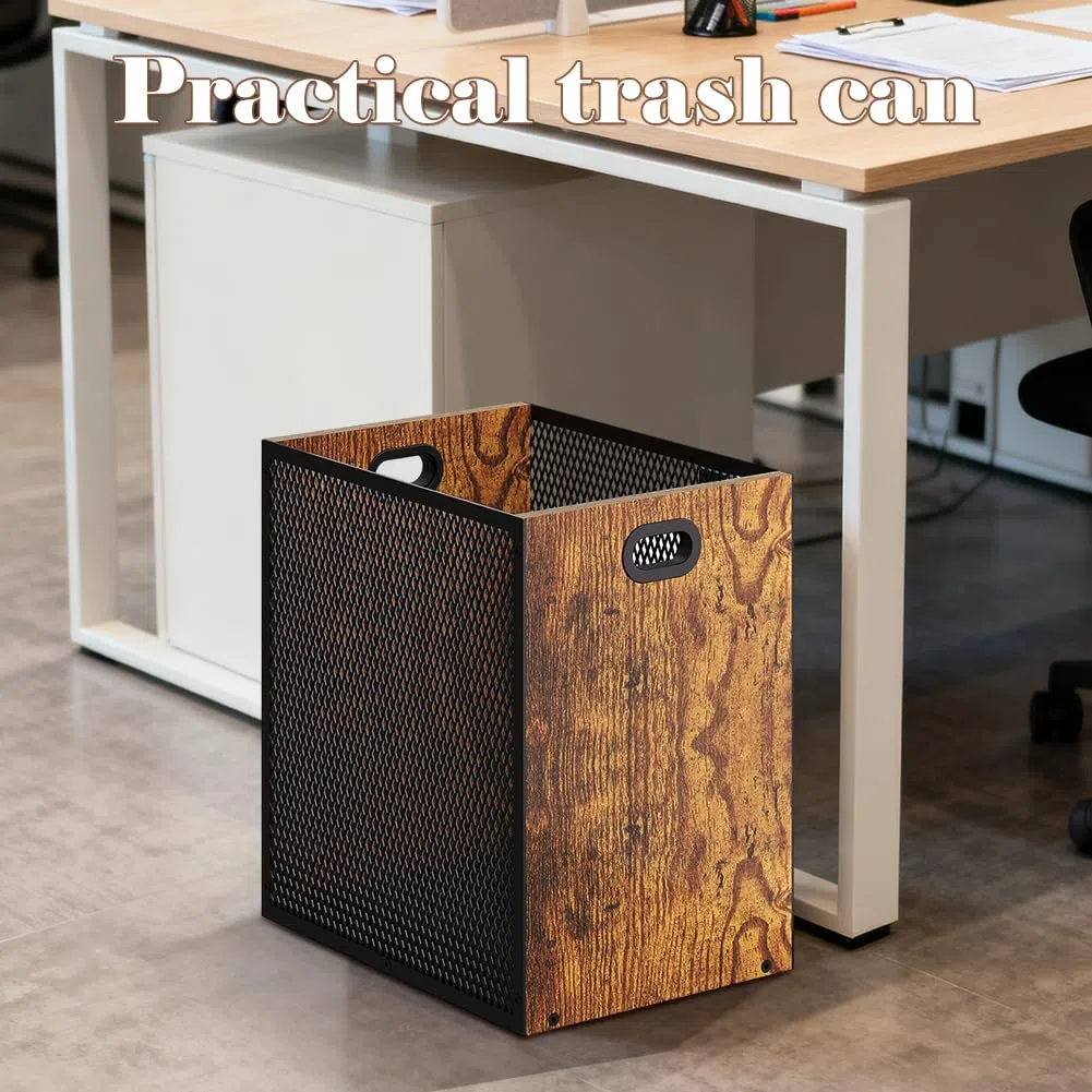 Cestino per la Spazzatura in Legno, 16,8 l, Grande con Design Retrò, per Camera da Letto e Ufficio, Griglia in Ferro con Manico, 28 x 20 x 30 cm