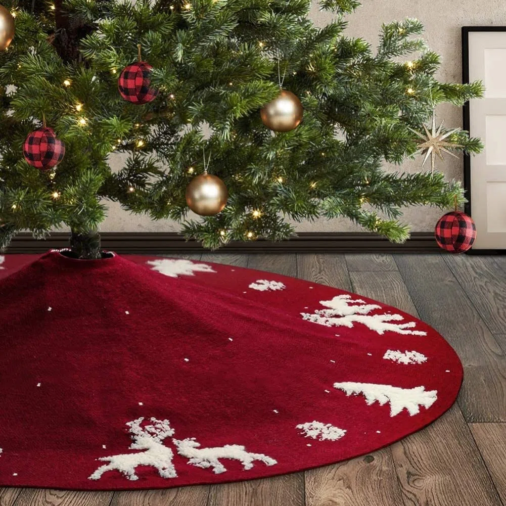 LATERN 3D Maglia Gonna Albero di Natale, 122cm Gonna Grande Albero di Natale Tappetino Lavorato a Maglia con Filo di Lana Fatto a Mano al 100% Copertura della Base Dell'albero di Alce Fiocco