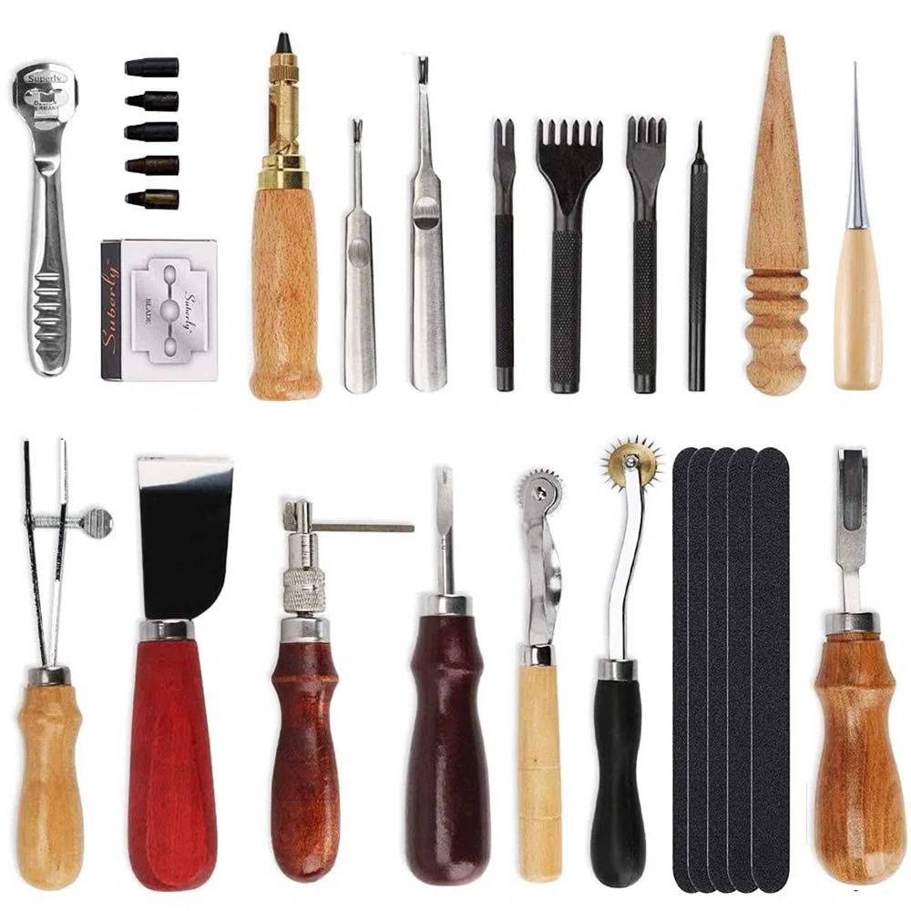 18pcs in pelle carft punch strumenti kit cuciture intaglio lavoro cucito sella groover artigianale in pelle strumento fai da te ， perfetto per cucire punzonatura taglio cucito artigianale in pelle