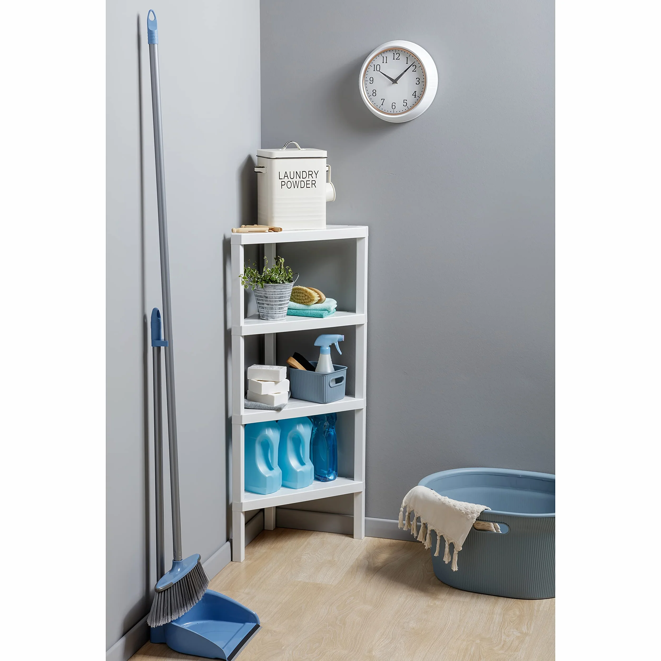 TATAY Scaffale Angolare Bagno a 4 Ripiani | Resistente all’Umidità | Inclusi Viti e Compatibile con Sistema Quick Fix | Per Interni ed Esterni | Portata fino a 32 kg – Modello Lombok – Bianco