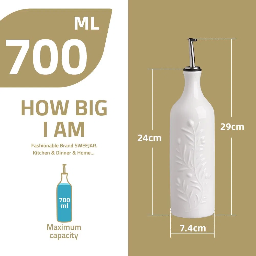 Sweejar Home Grande Bottiglia Dispenser in Ceramica per Olio d'Oliva, 700ml, Ampolla Opaca con Rilievi Protegge dall'Ossidazione, Bottiglia per EVOO, Aceto, Salsa di Soia, Blu Nebbia
