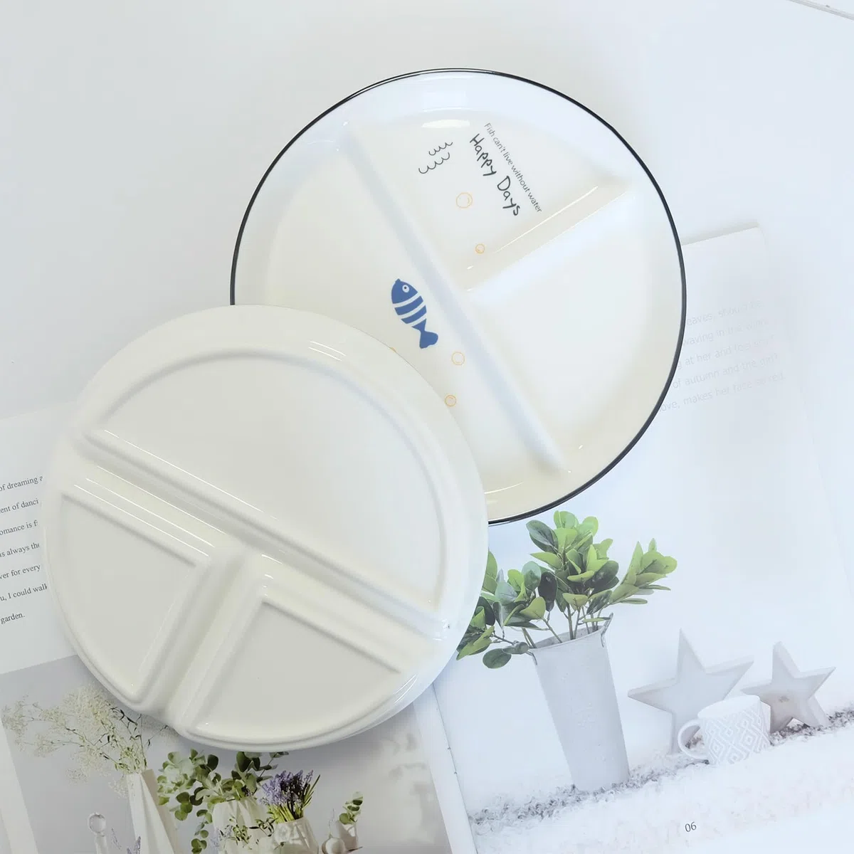 2 Pezzi Piatti da pranzo Ceramica, Piatti Divisi In Ceramica, Piatti Snack Con Scomparti, Per Pasti Divisi, Feste, Snack, Insalate, Dessert (Motivo Pesce)