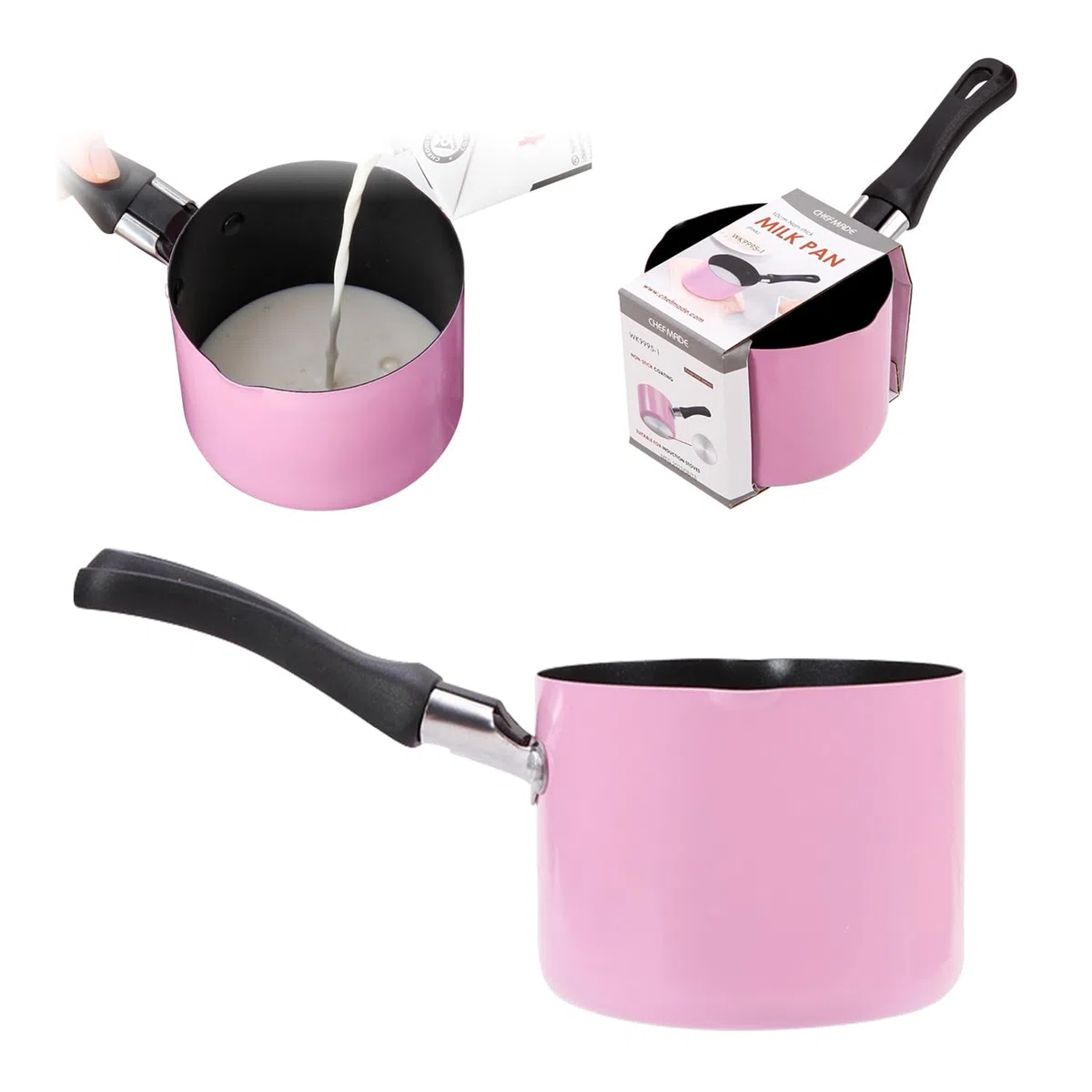 Mini Casseruola con Manico, 550ml Ø10cm Mini Pentolini da Latte Pentola per Zuppa, Burro Scaldatore con 2 Beccucci per Cioccolato, Latte(Rosa)