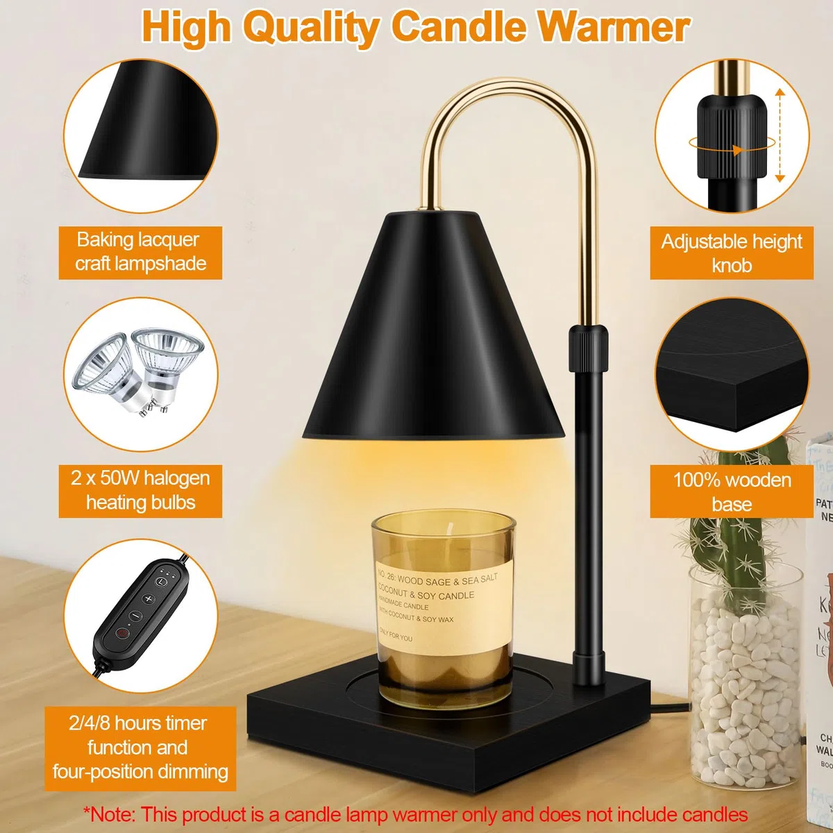 Scalda-candele con timer, dimmerabile e regolabile in altezza, compatibile con candele in barattolo, per decorazioni domestiche, scaldacera elettrico, base in legno (nero)