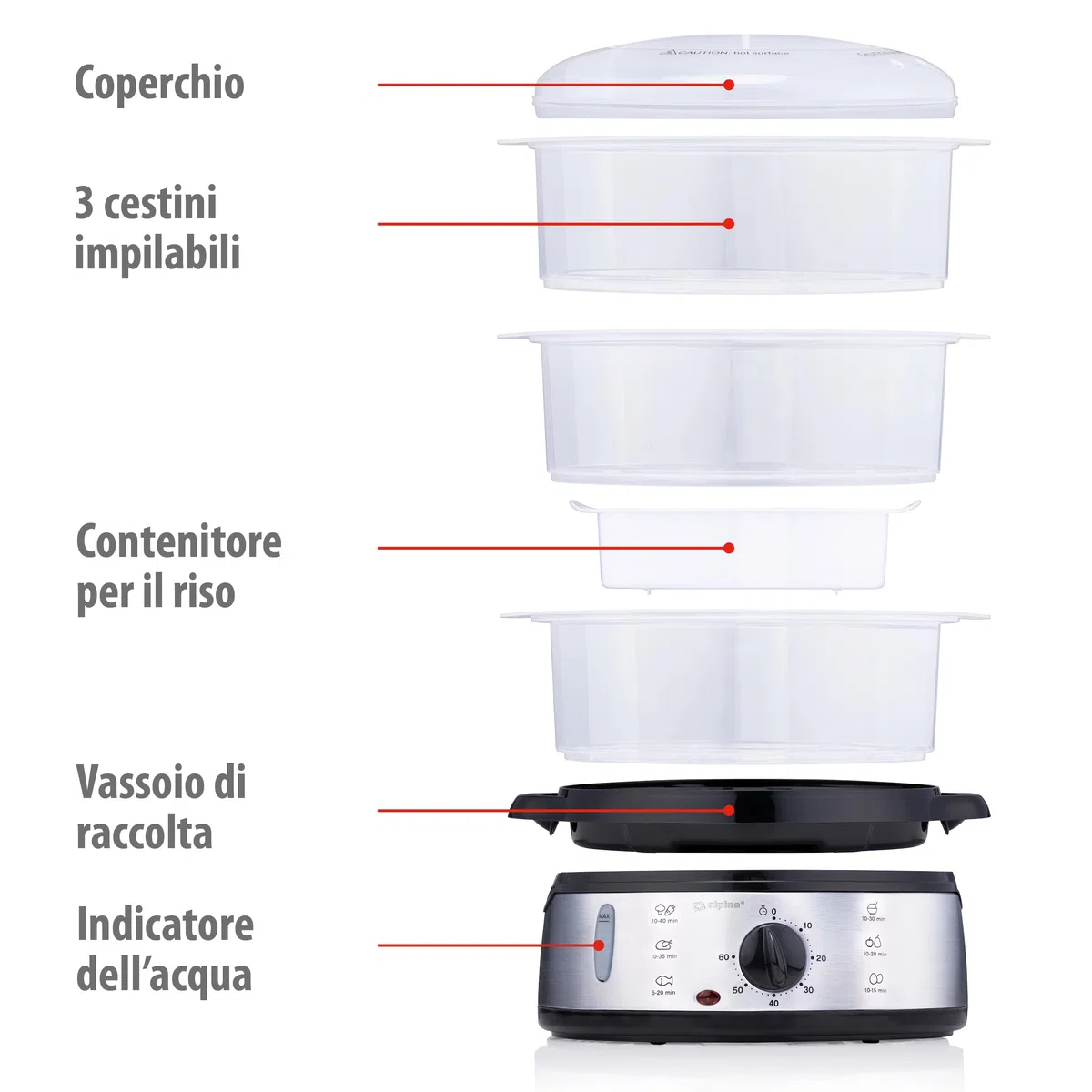 alpina Vaporeira Elettrica - Pentola a Vapore 800W - Steamer Vapore 3 Strati - Vaporiere Elettriche Senza BPA - Lavabile in Lavastoviglie - Da 0 a 60 Minuti - Capacità 9L - Grigio