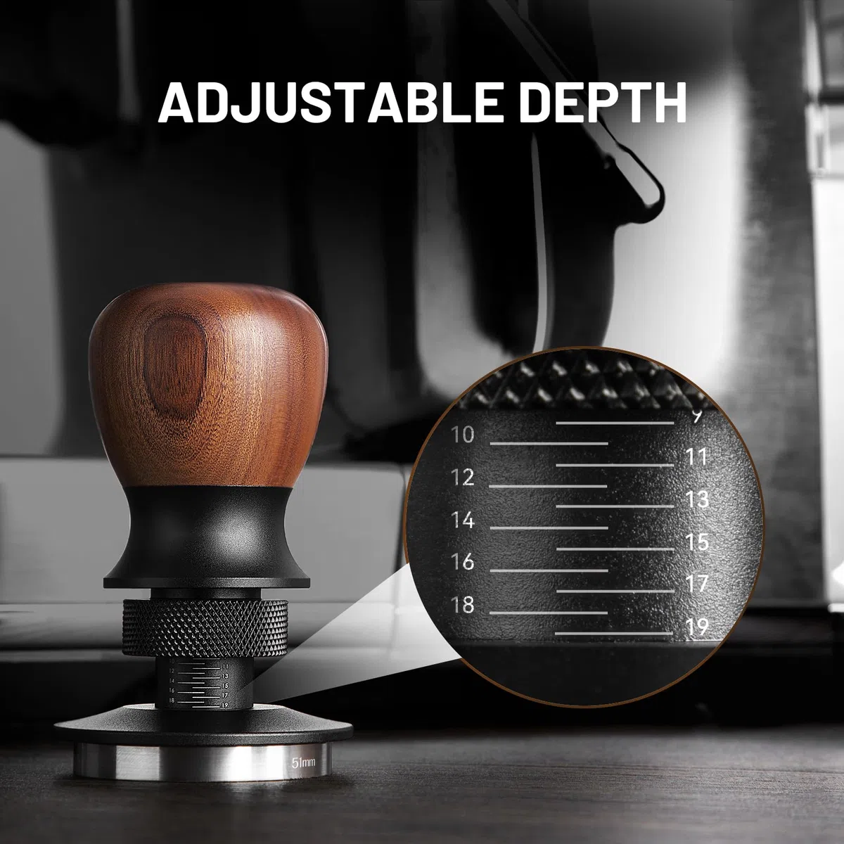 VINATO Pressa Caffè Espresso Professionale - Tamper Caffè 53.3mm con Sistema a Pressione Costante 30lbs, Profondità Regolabile, Impugnatura in Noce e Base in Acciaio Inox 304