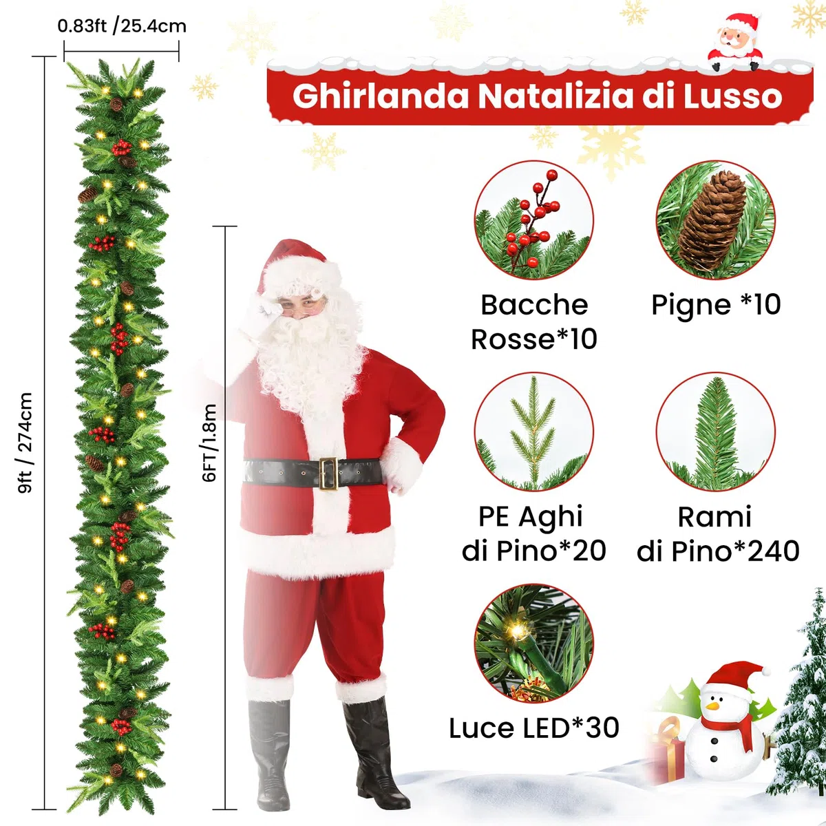 Ghirlanda Natalizia, 2.7M Ghirlanda di Natale per Porta Decorativa, Ghirlanda di Natale Artificiale con Luci 30 LED, Festone Natalizio Luminosa Adatto per Scale, Camino, Pareti, Esterno