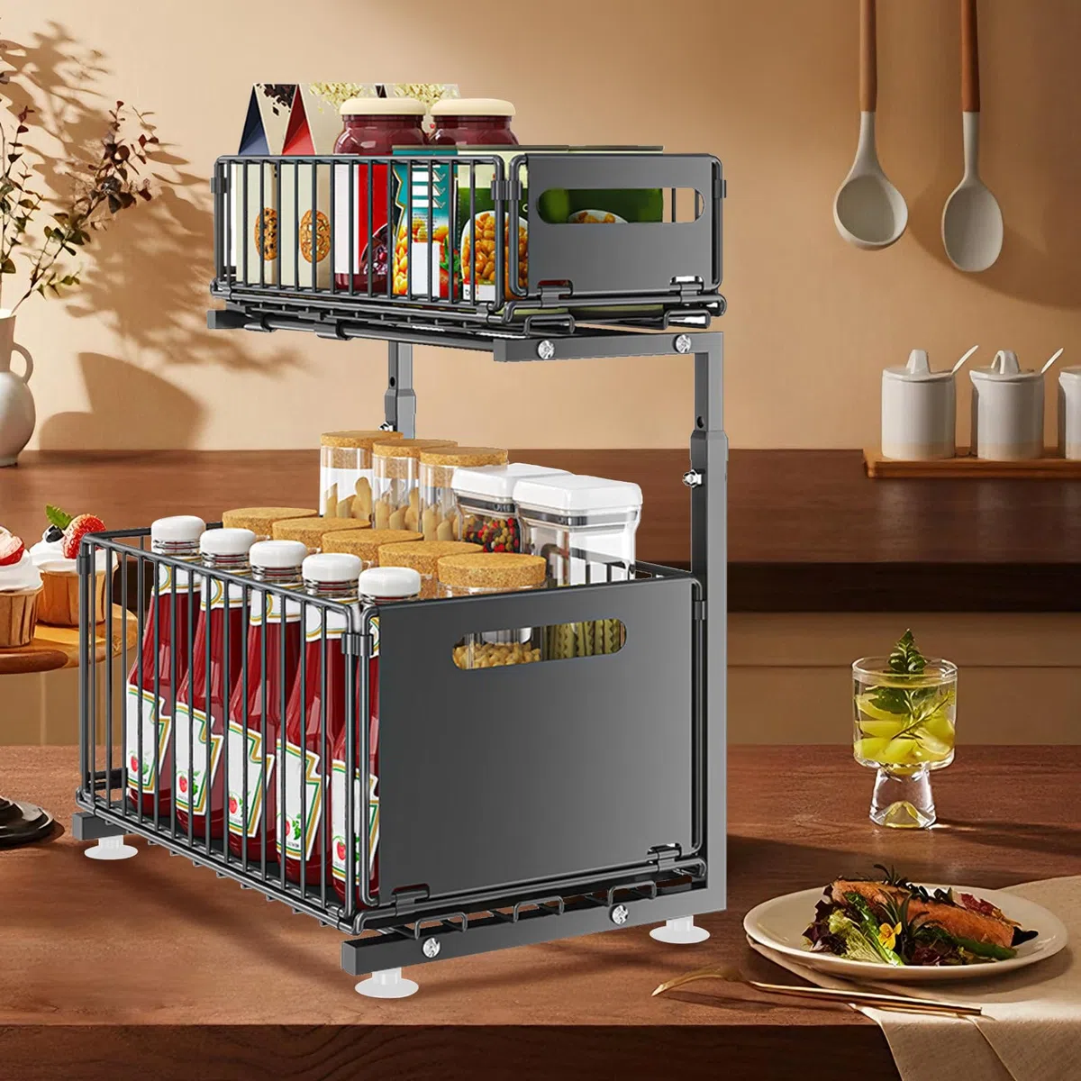 HUOLE Organizer sotto lavello a 2 livelli, organizer da cucina, ripiano sotto lavandino, portaspezie, cestino portaoggetti scorrevole in metallo, per cucina, bagno, camera da letto (26,5 x 38 x 48,5