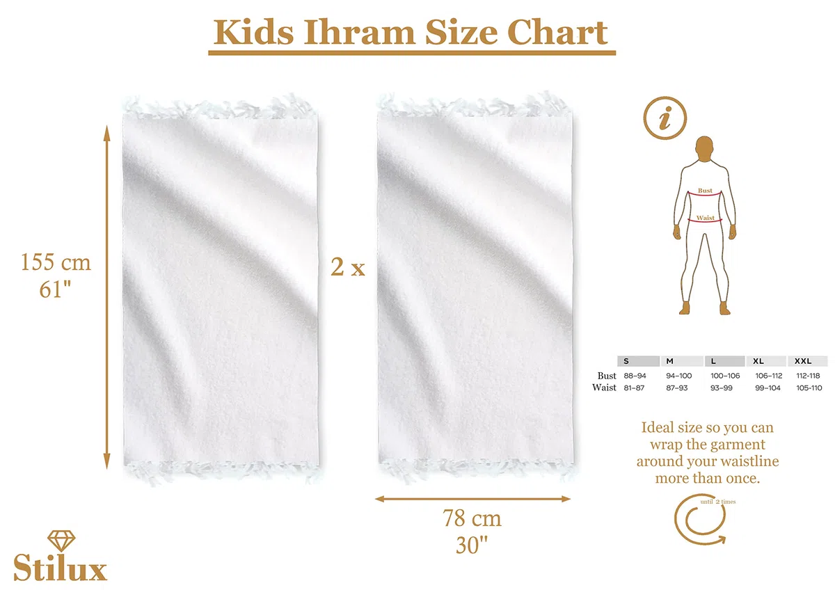 Set per bambini Ihram Ehram Ahram per Hajj e Umrah, 820 g, 2 asciugamani bianchi 78 x 155 cm, 100% cotone naturale, igienico, comodo e ad asciugatura rapida