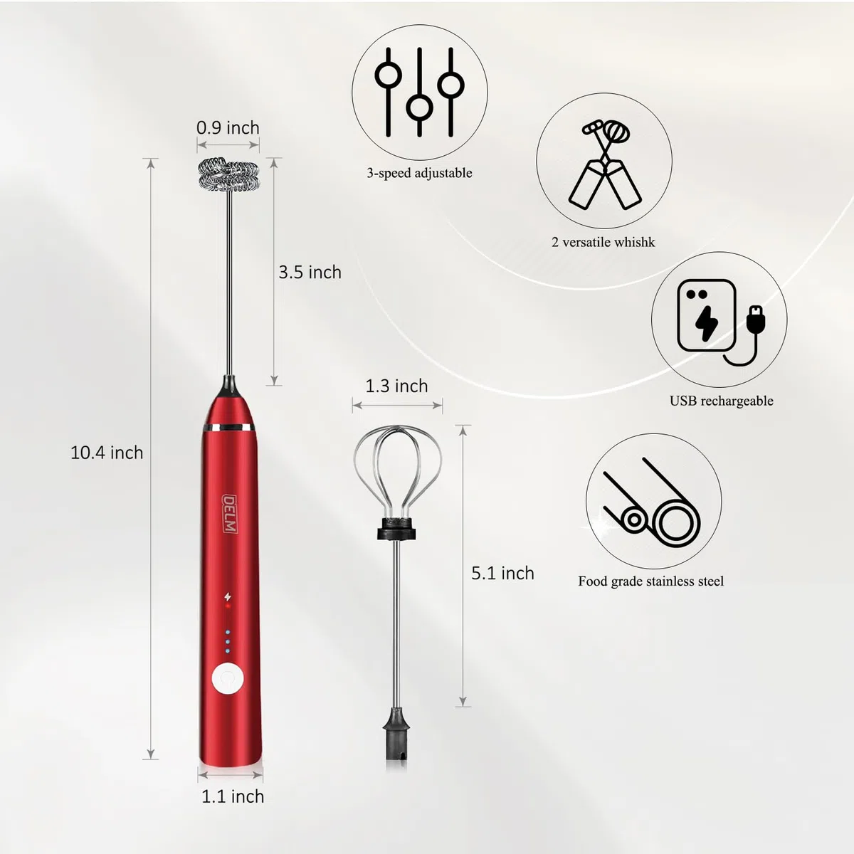 Delm Montalatte elettrico USB Accessori Frullatore in acciaio inossidabile (rosso)