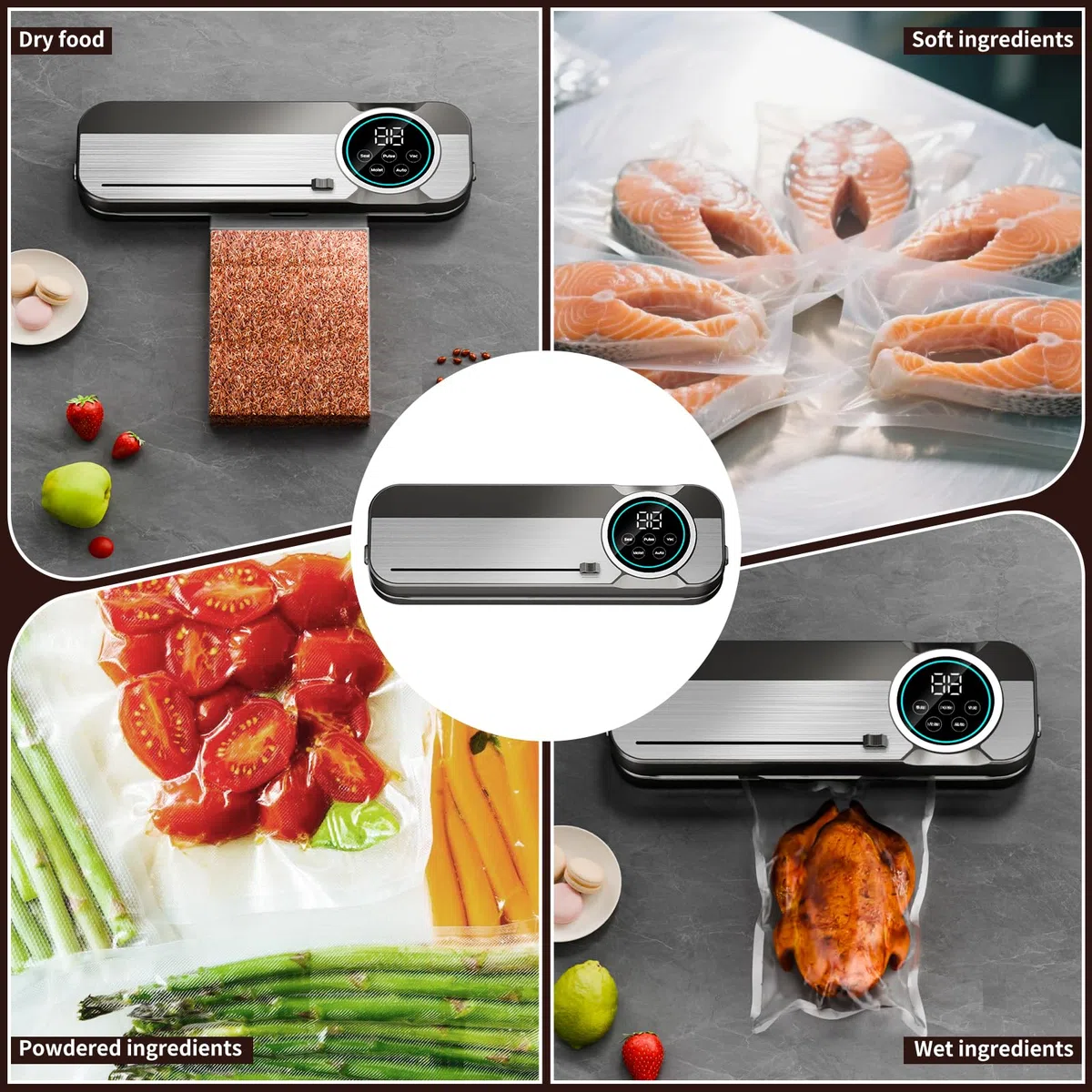 Macchina Sottovuoto Alimenti 6 in 1, Include 50 Sacchetti per Sottovuoto e 1 Tubo Per Contenitori, 75 Kpa, Sottovuoto Alimenti con Taglierina e Conto Alla Rovescia Digitale