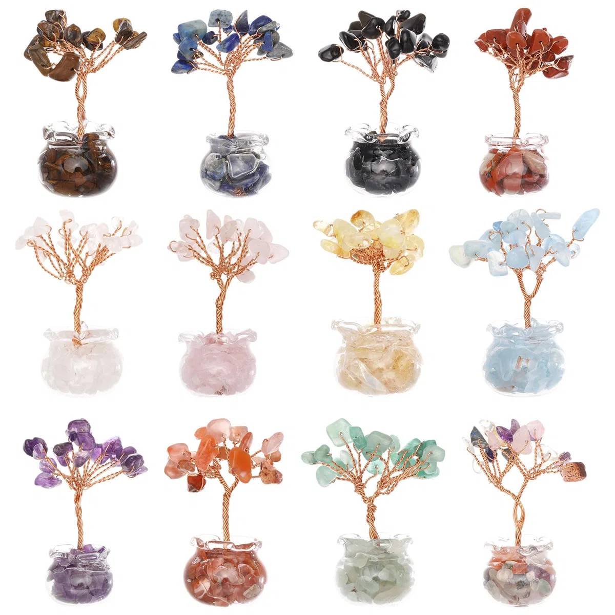 GLOBLELAND 12 set di Cristalli A Forma di Albero Della Vita con Pietre Preziose Cristalli e Pietre per La Decorazione di Mensole Da Ufficio per Augurare Buona Fortuna Regali di Compleanno per Mamma