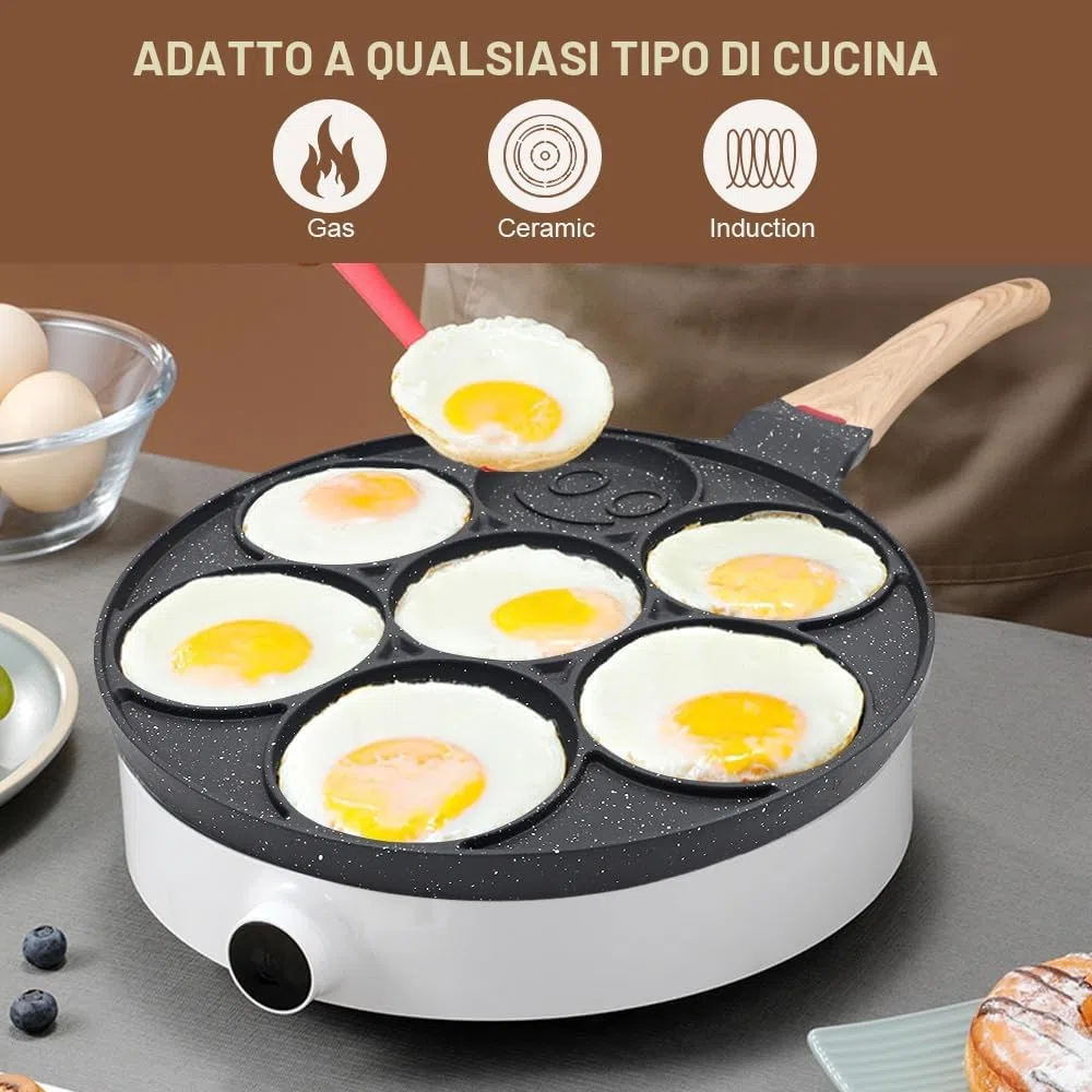 Padella Pancake Induzione Smile, Pancake Piastra Smiley Antiaderente 7 Fori Padella Frittata Piatto Colazione per Bambini 26 cm - Nero
